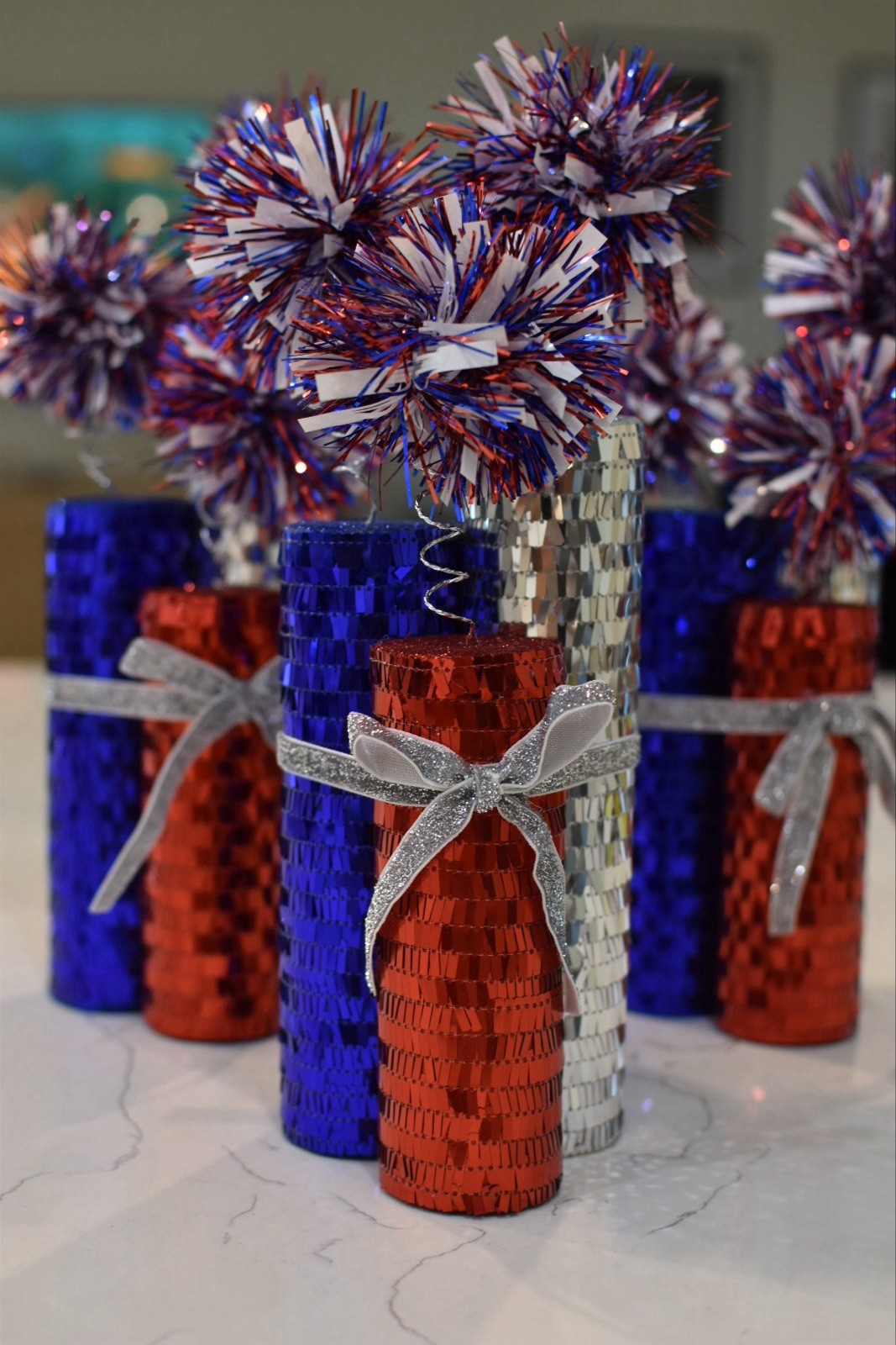 Set of Three Firecracker Centerpieces Red White and Blue Sequence USA Patriotic