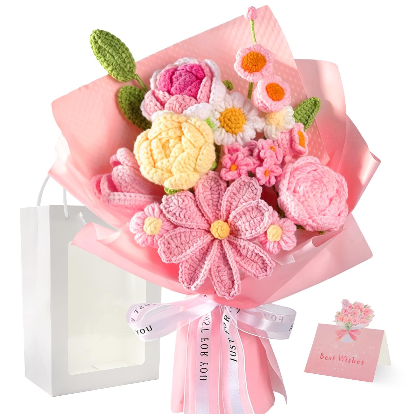 Crochet Flower Bouquet Pink, Handmade Knitted Floral, Crochet Tulips Galsang …