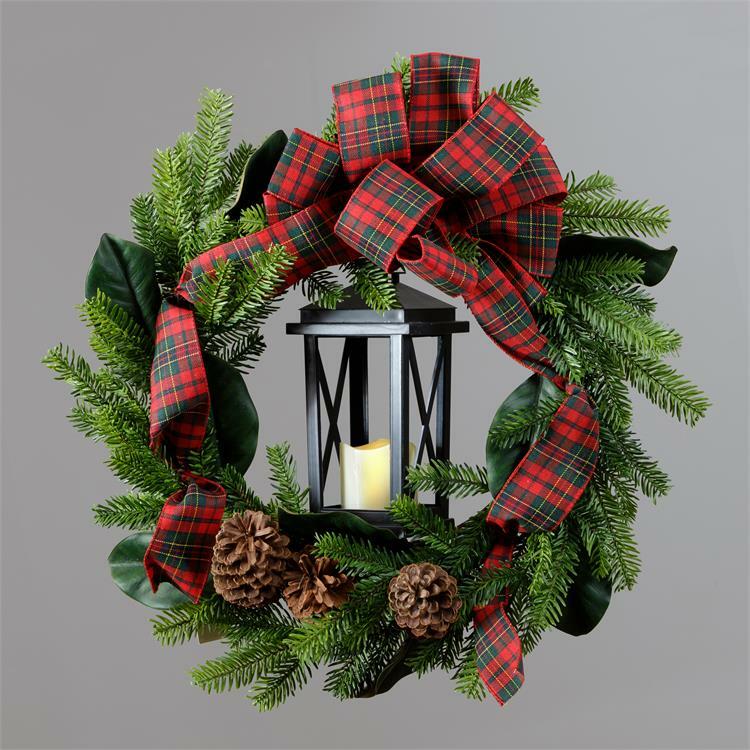 25 inch Winter Pine Wreath with bow and led Lantern – SALE