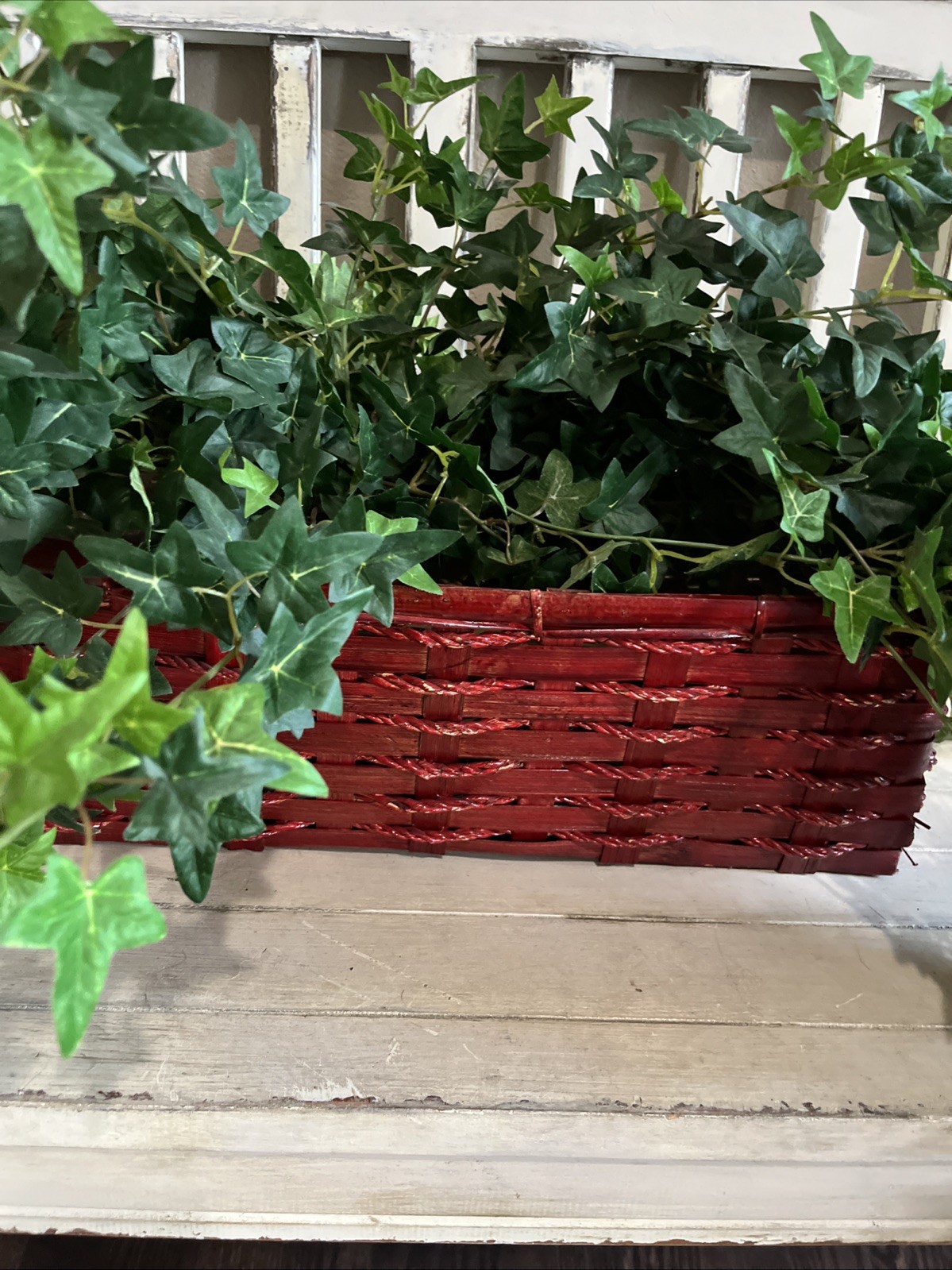 Faux Ivy In Red Wicker Basket 19”W x6 1/2”Dx6 3/8”H W/ Plant 19”H x58”W Used