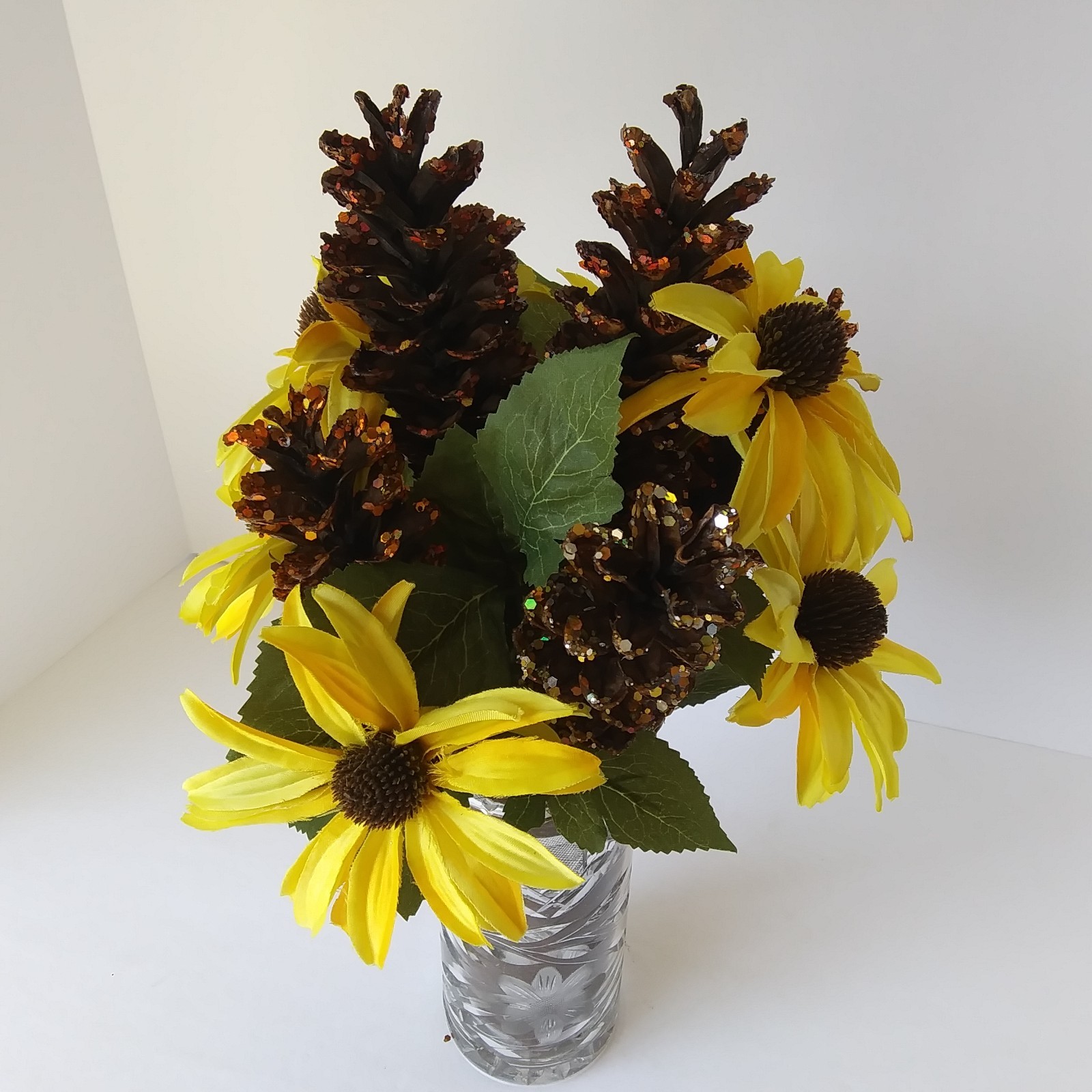 Artificial Yellow Sunflower & Pinecone Fall Arrangement in Cut Glass Vase Decor