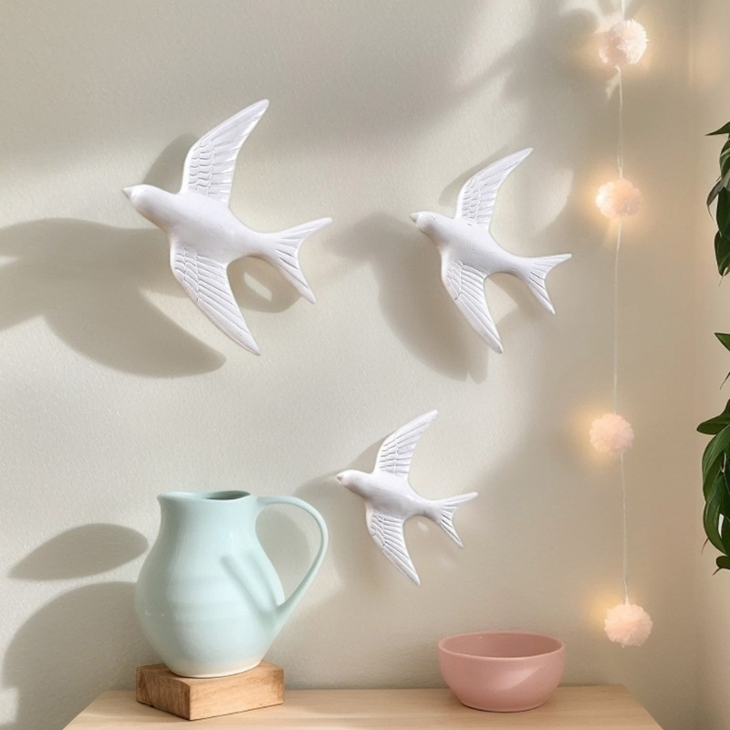 Pack of 3 White Bird Wall Set with 3 Mixed Size Birds for Indoor Wall Use