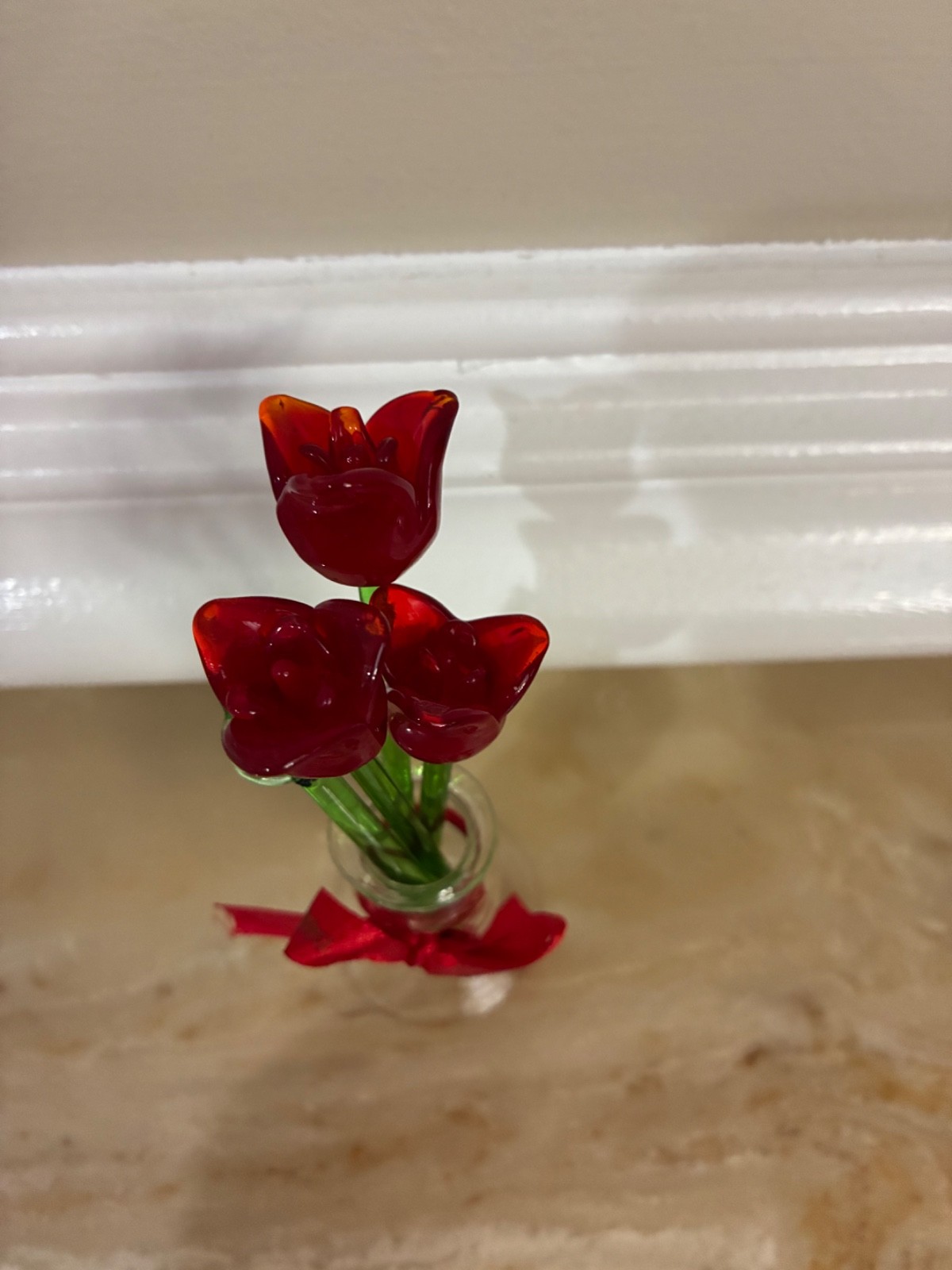Miniature Hand-Blown Glass ROSES Flower Bouquet in Tiny Clear Vase