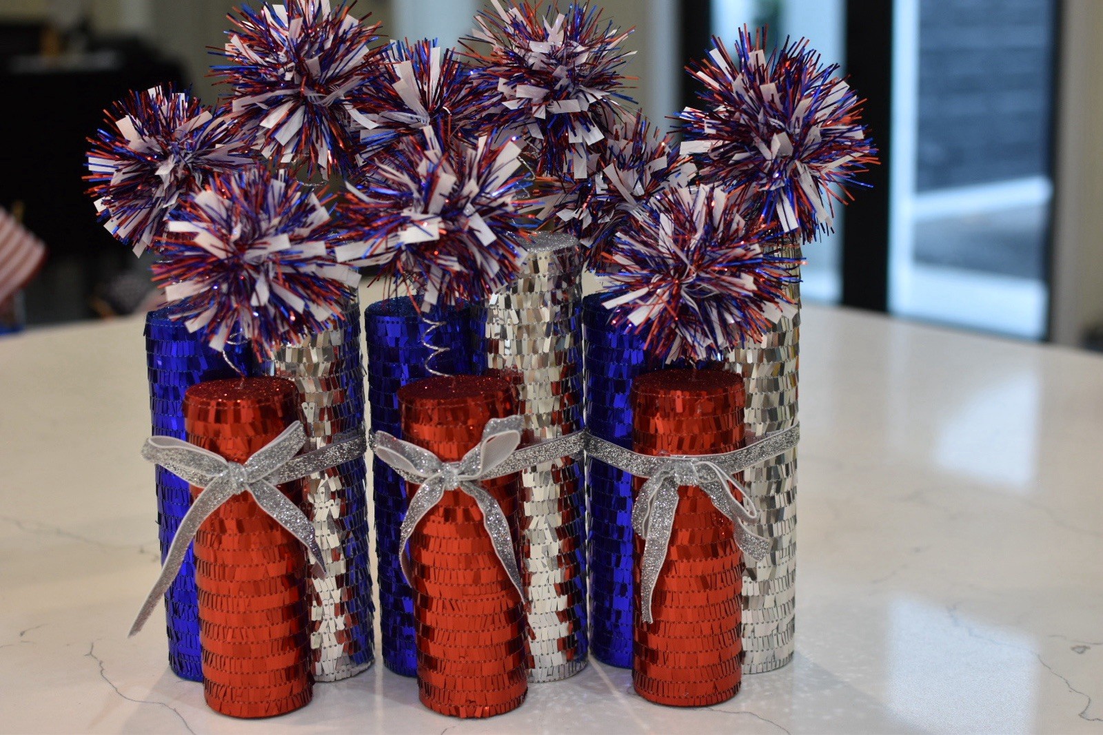 Set of Three Firecracker Centerpieces Red White and Blue Sequence USA Patriotic