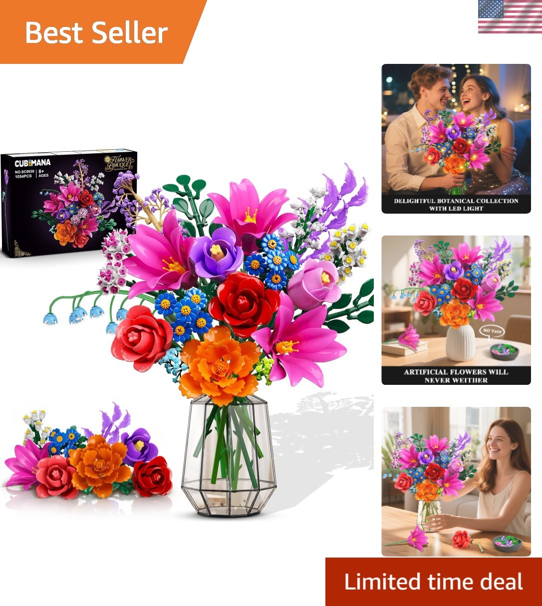 21 Flowers Bouquet Building Set with Light for Adults Girls 8-12+ | Artificia…