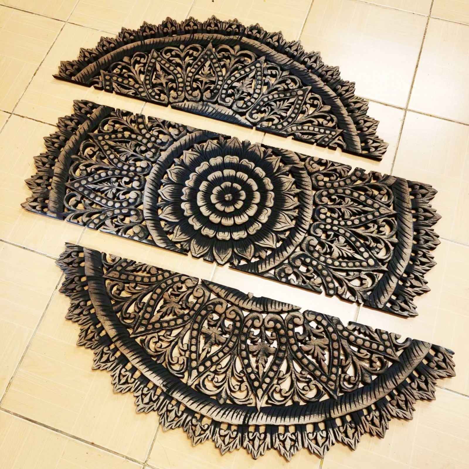 36″ Large Round Black Mandala Wood Carving Wall Art 3-Piece Set Office Decor