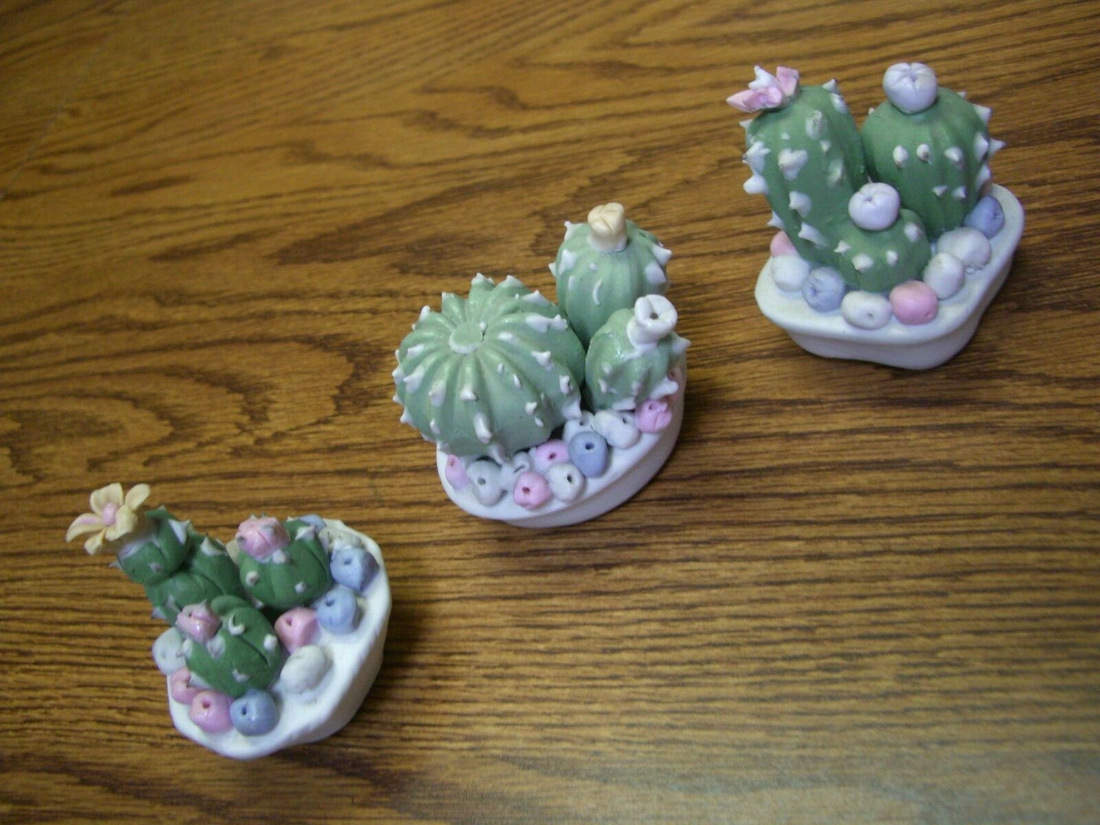 3 Cactus Plants//Small Multi-color Pastel Ceramic Floral Figurines