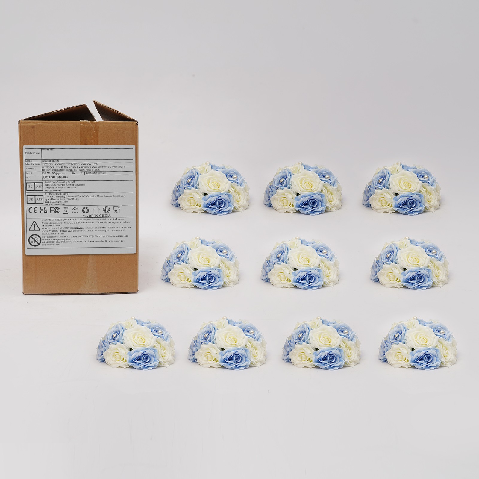10 Pcs Handmade Bouquet Party Wedding Artificial Flower Balls Deco, White+Blue