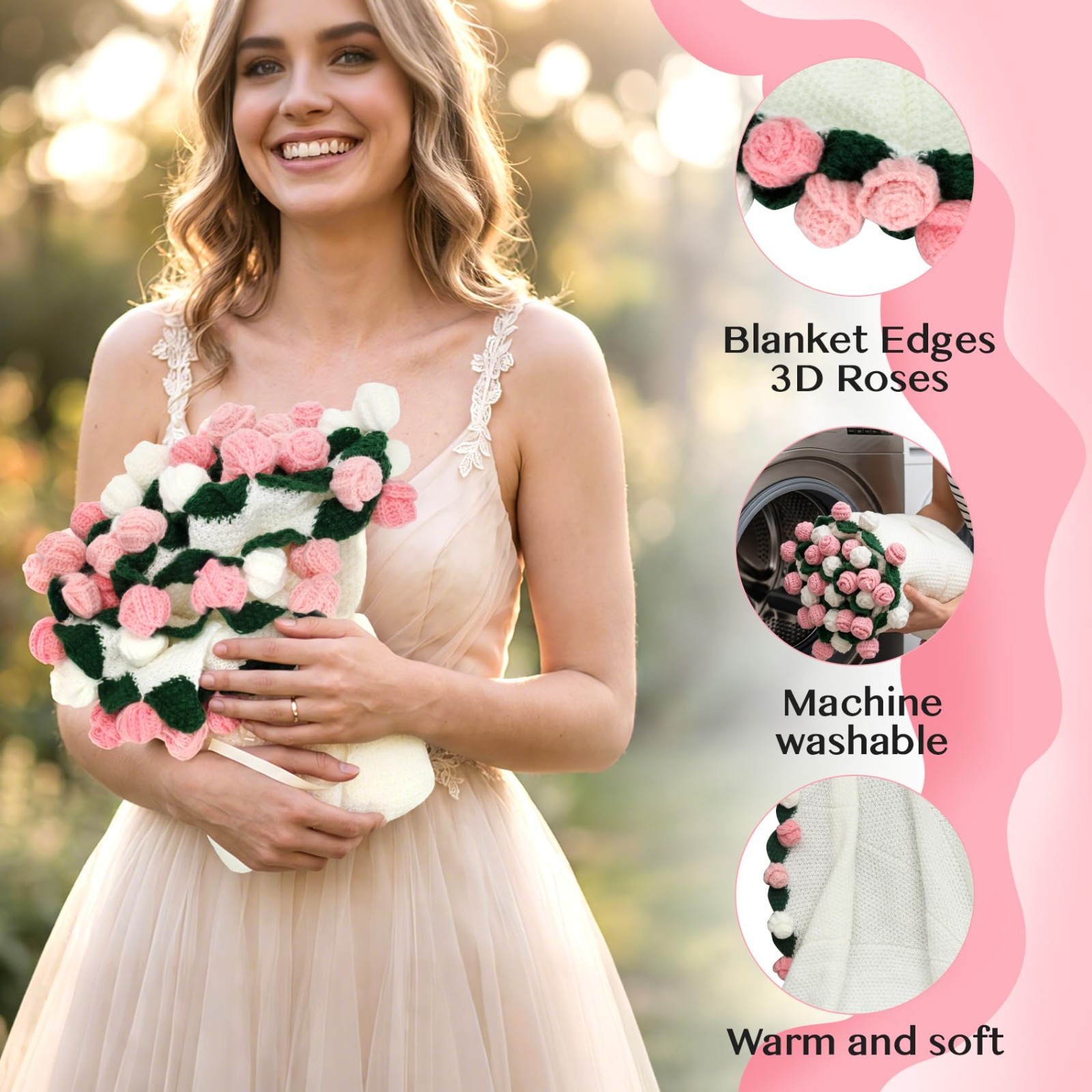43-Inch Hand-Crocheted Rose Flower Bouquet Blanket – Romantic Gift for Home Deco