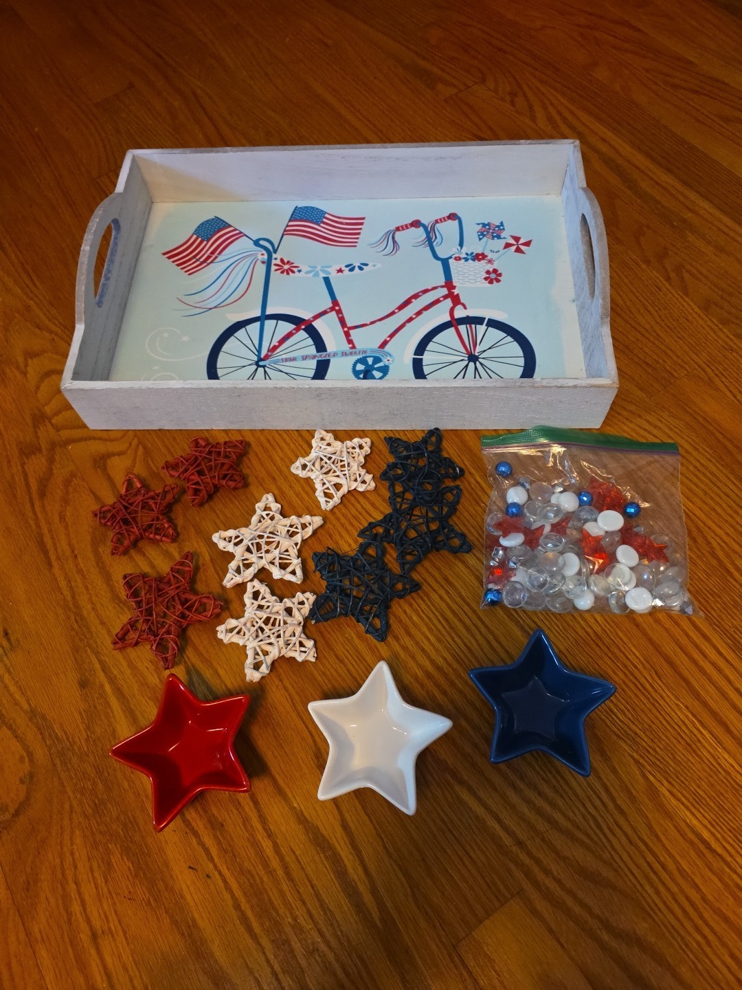 Pier 1 July 4th Patriotic Wooden Tray Woven Stars Gem Table Scatter Star Bowls