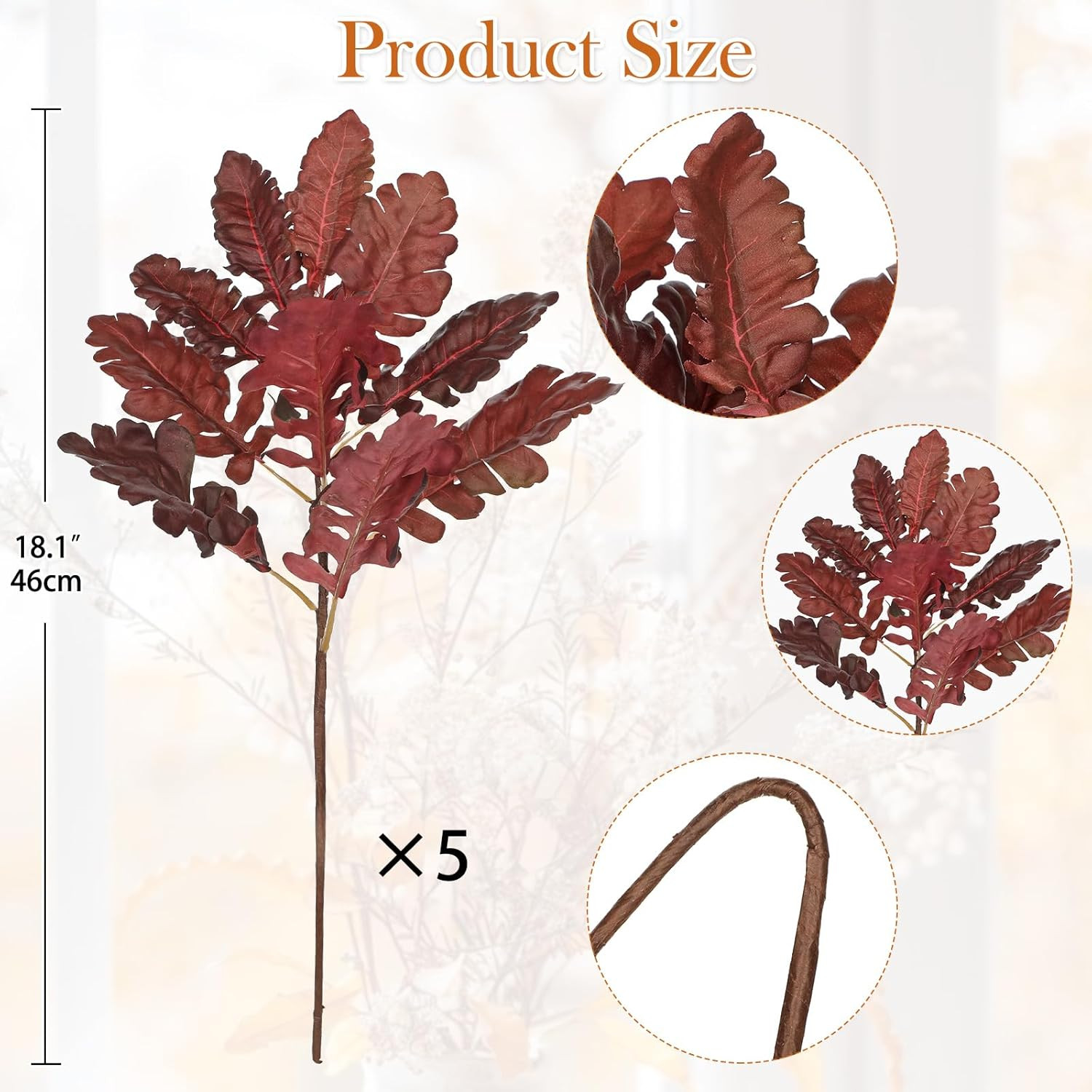 Faux Oak Leaf Branches 5 Pcs Fall Leaf Stems for Vases, 18″ Burgundy Fall Stems