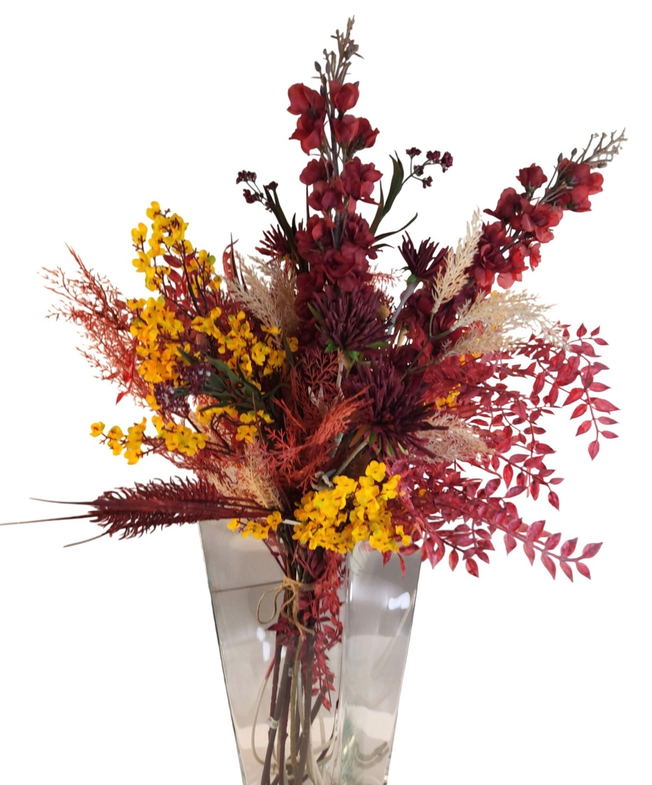 Hand Tied Artificial Flower Bouquet With Dark Reds and Yellow Wildflower mixture