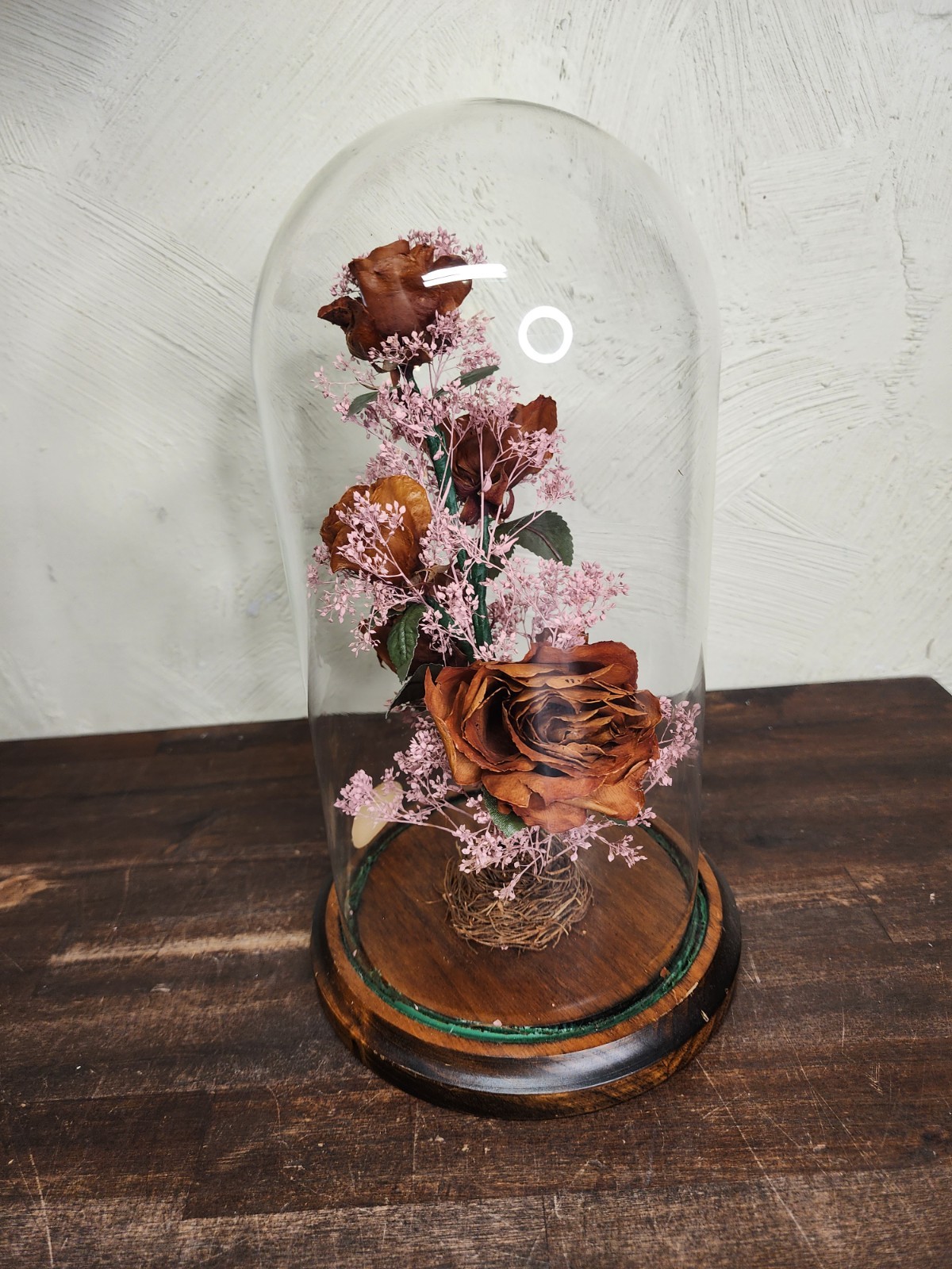 Vintage NATURAL ROSES TYLER TX Dried Flower Glass Dome Cloche Arrangement