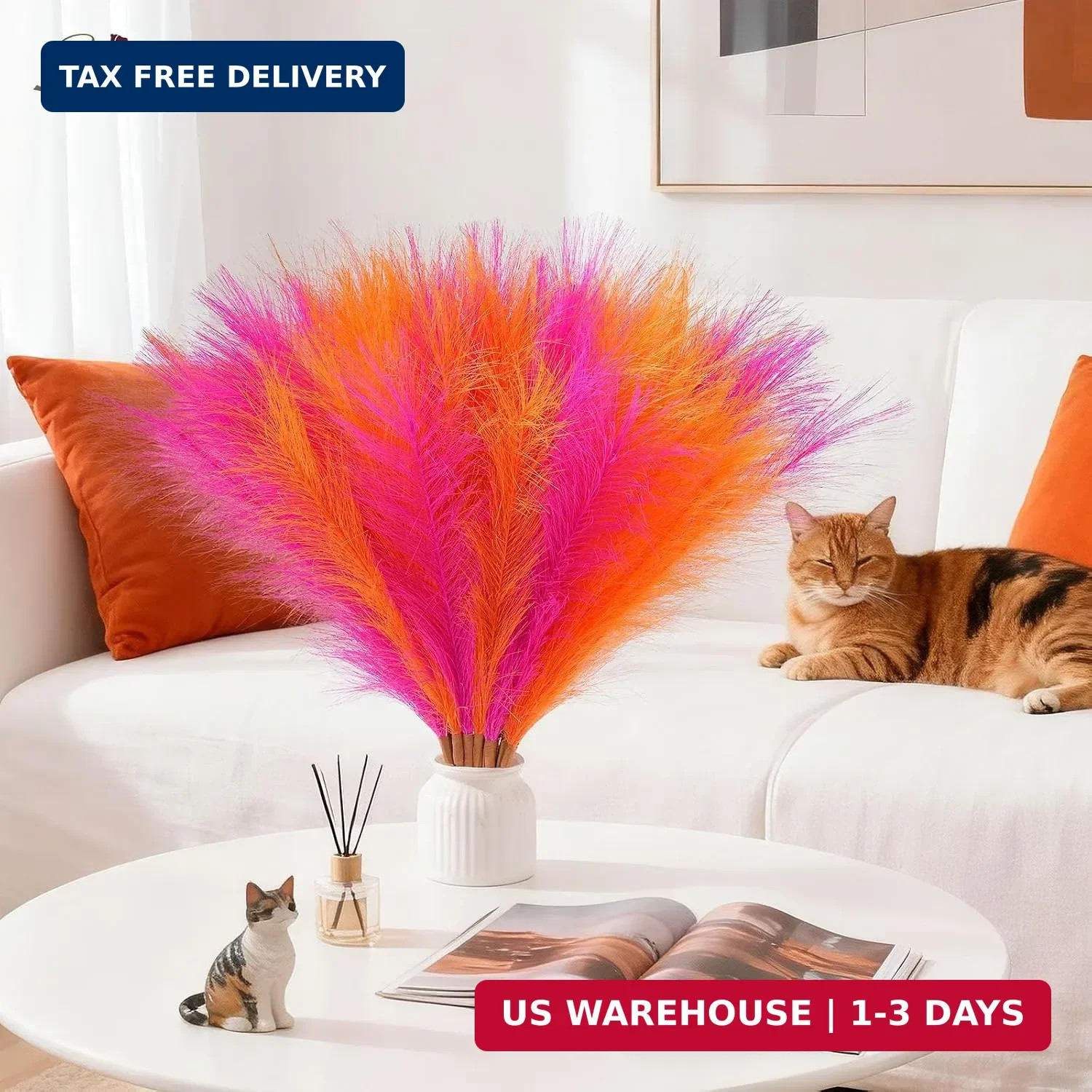 Serwalin 6PCS Pampas Grass Decor, 17.7Inch Bright Orange Hot Pink Artificial Pam