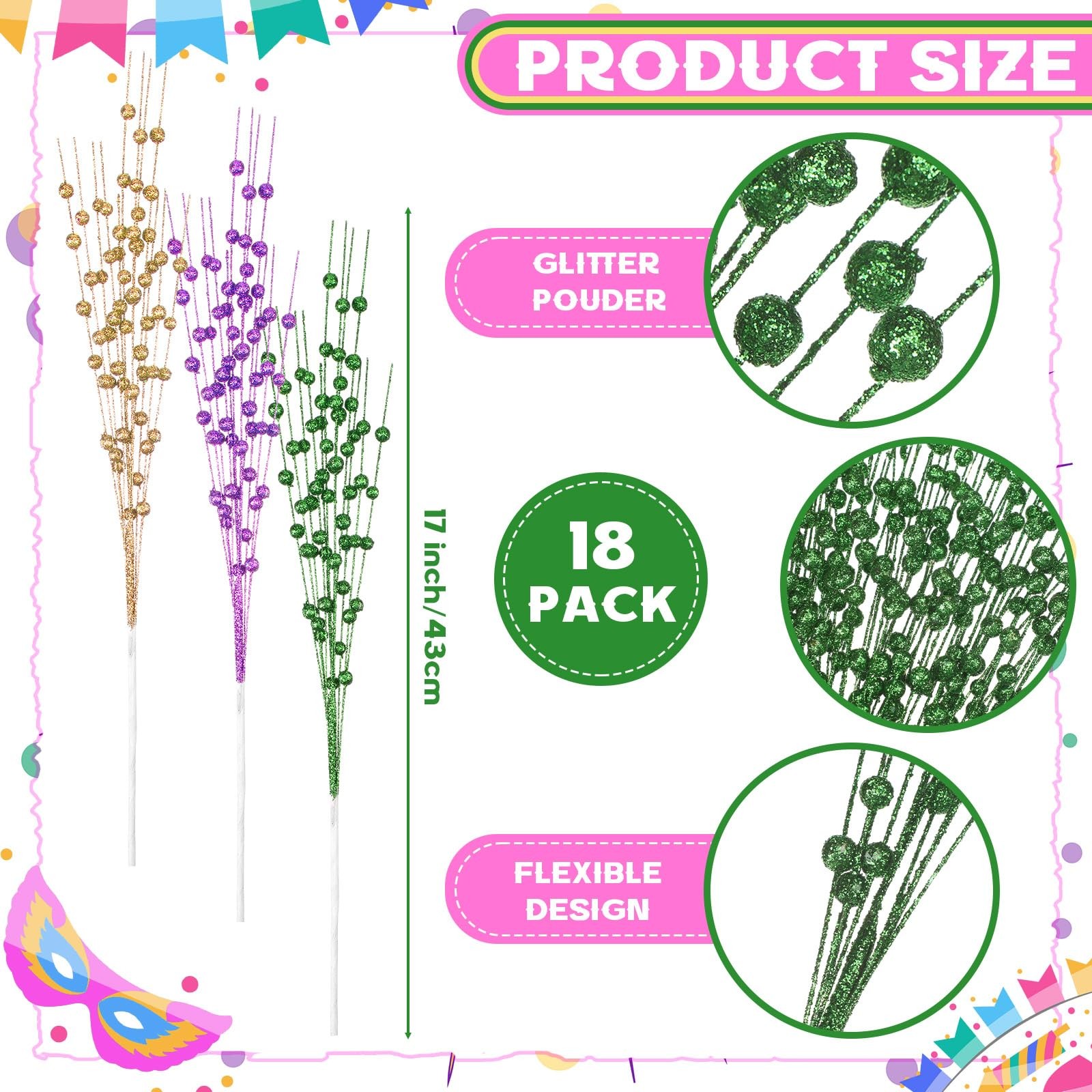 18 Pcs Mardi Gras Decoration Mardi Gras Floral Picks Tree Decorations 17 Inch…