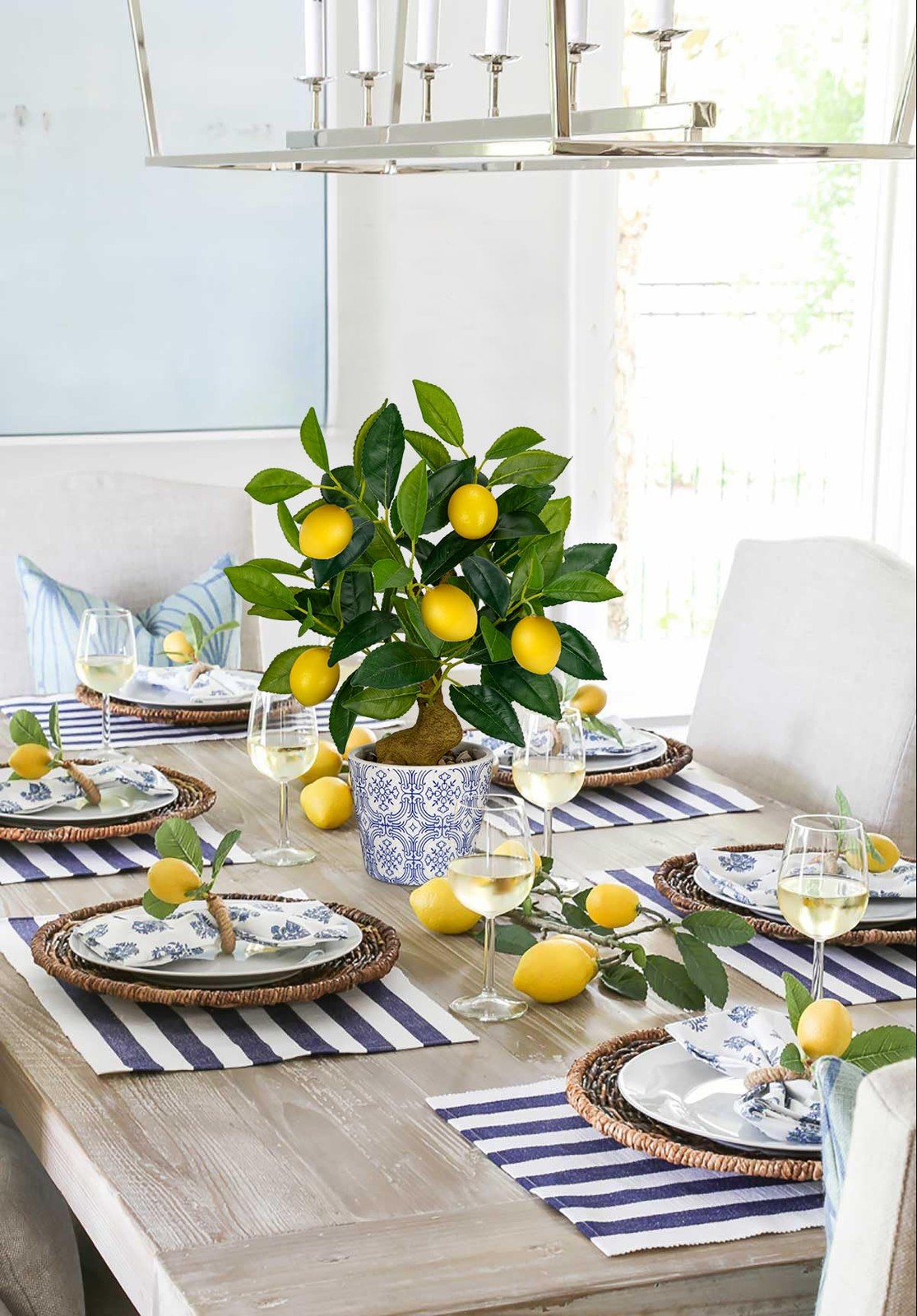 15.7 Inch Artificial Lemon Citrus Tree Fake Potted Plant Blue White Pot