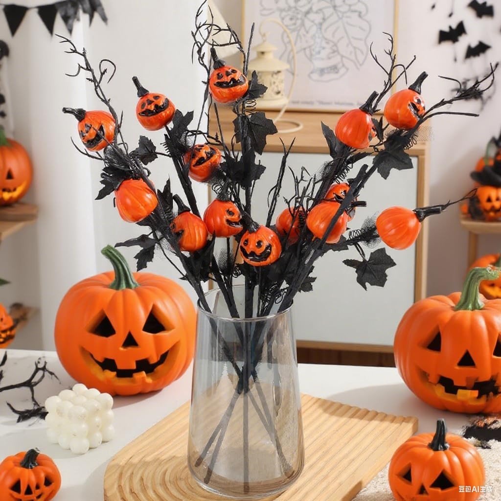 Halloween Decorations, Artificial Pumpkin Black Maple Leaf Floral Stems