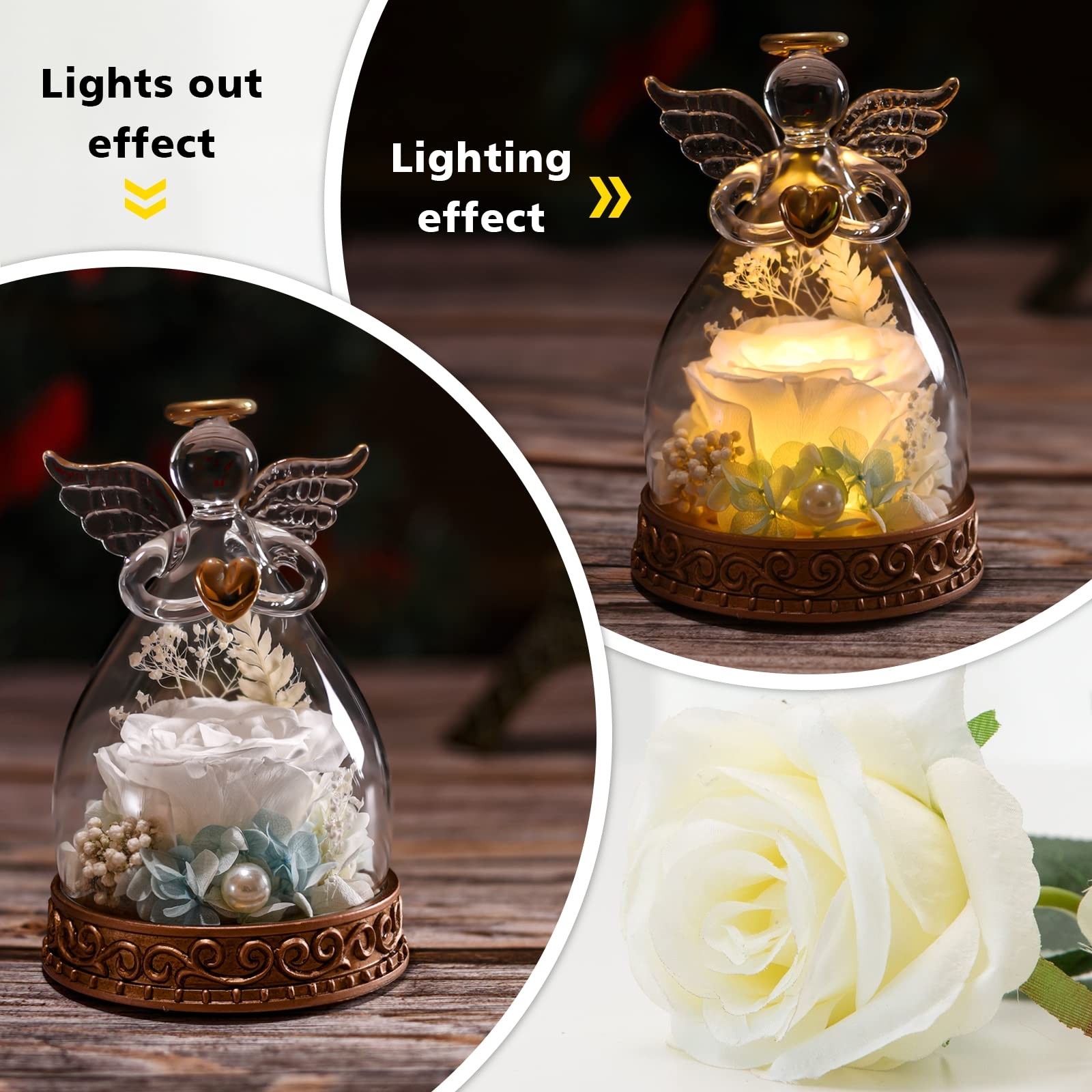 Preserved Real Rose in Glass Angel Figurine with LED Light, Angel Gifts for Wome