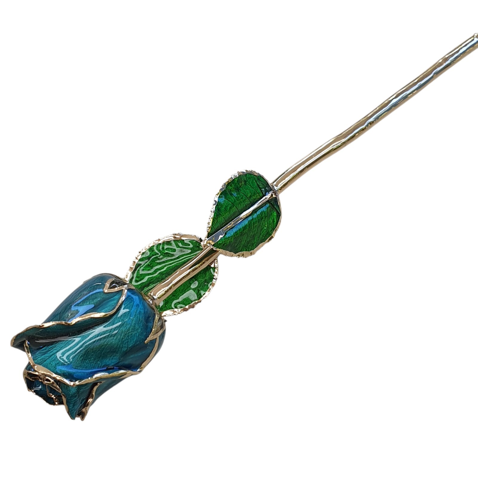 Long Stem Dipped 24k Gold Real Rose Teal Blue Enamel Coated Flower Elegant Decor