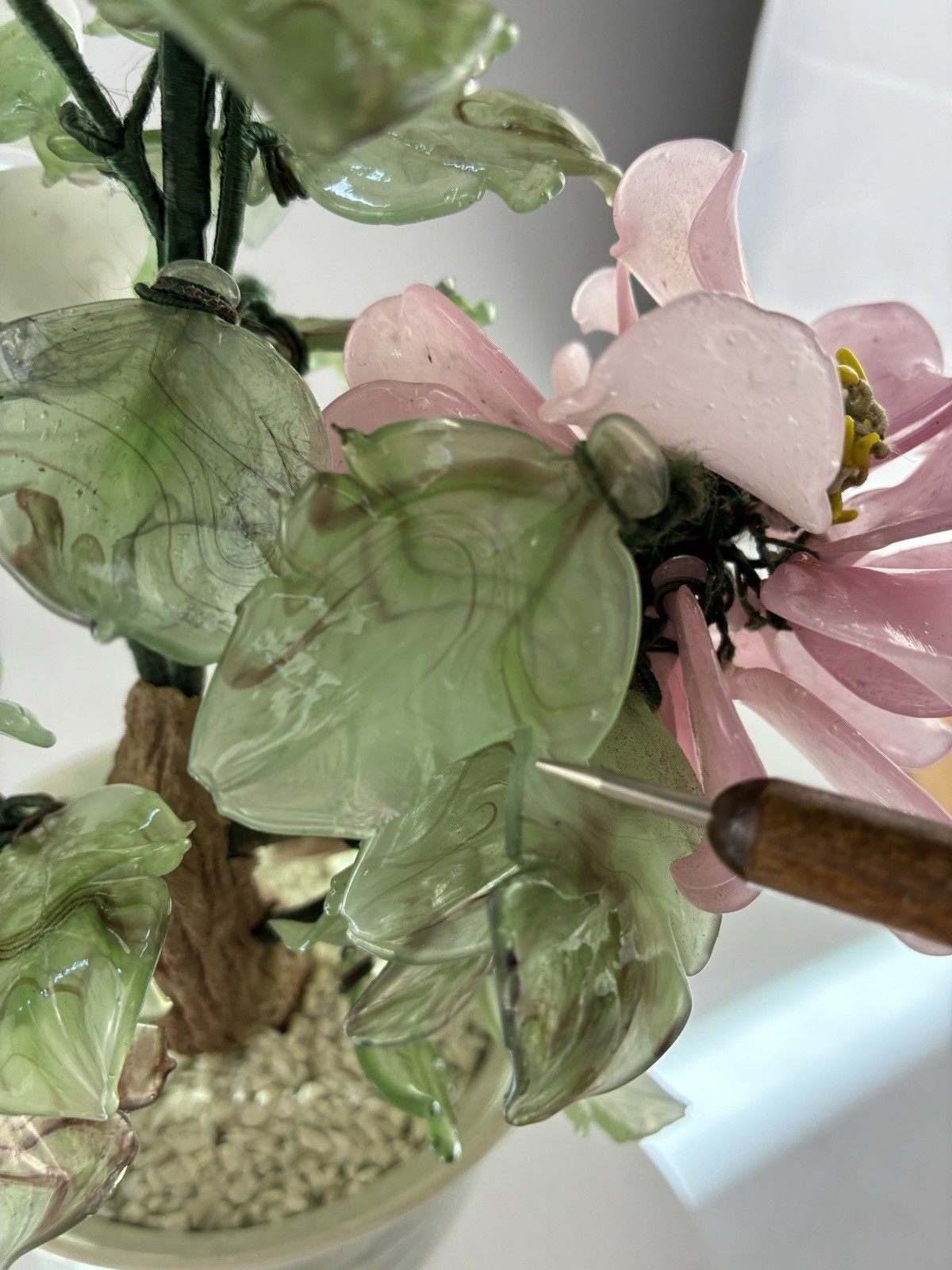 Mid-20th Century Glass Bonsai Flowering Tree ~ Pink & White Flowers 12″