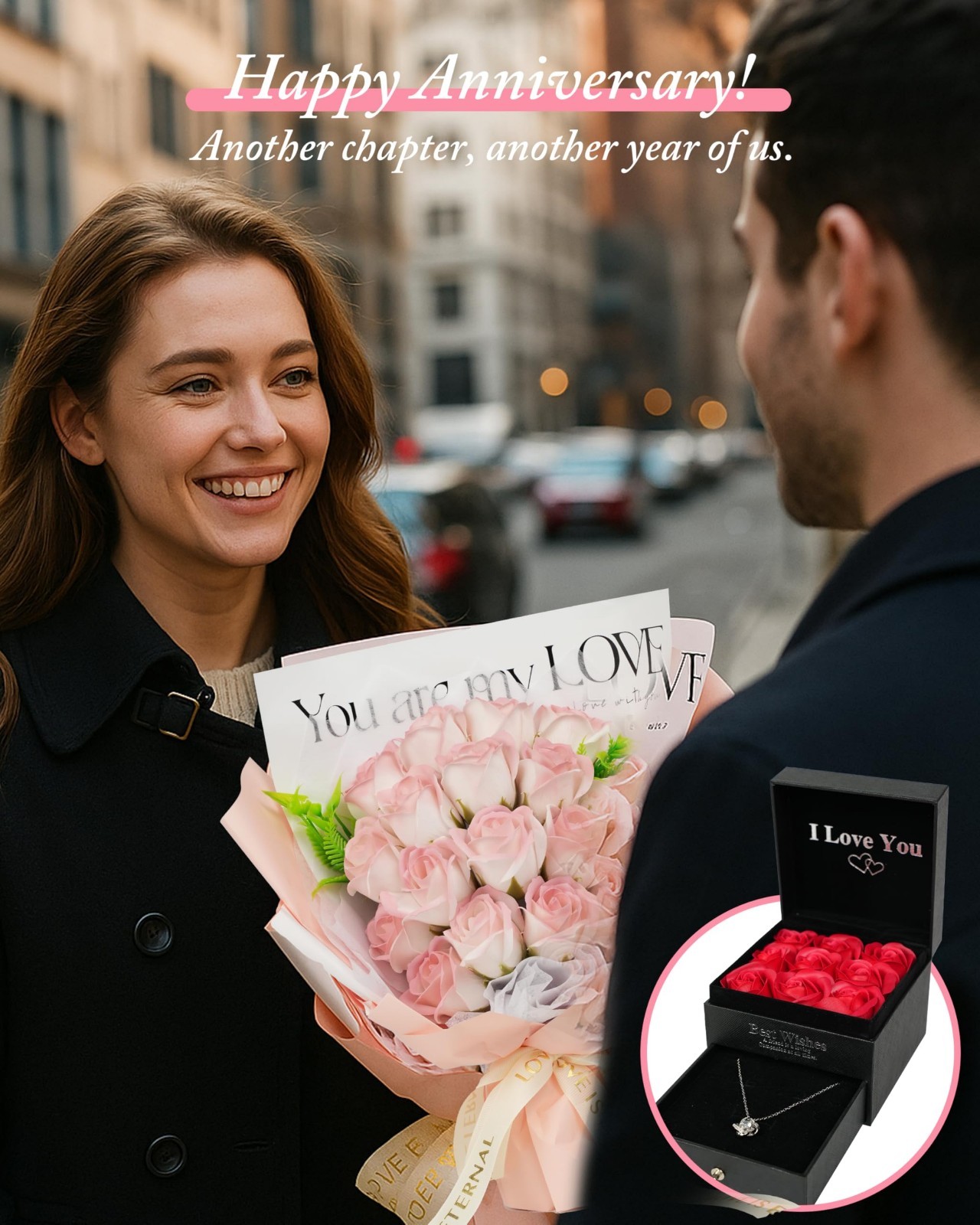 Artificial Roses Bouquet – 18 Preserved Flowers with Necklace – Unique Gift for