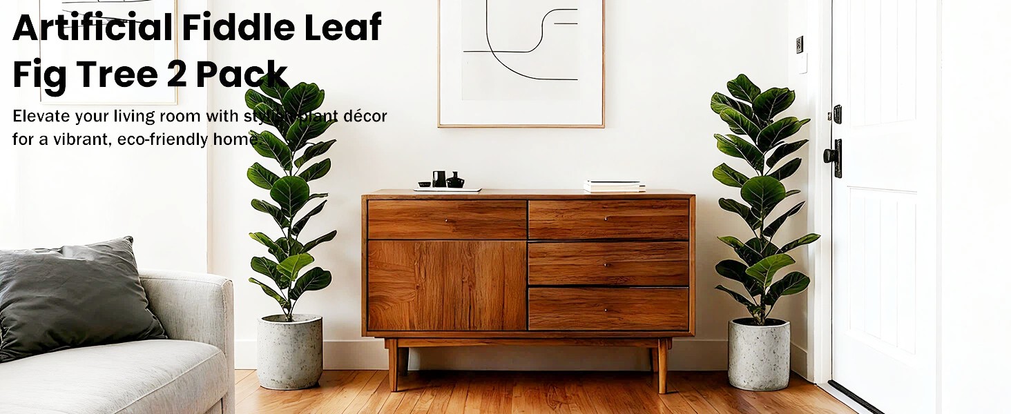 2 Pack Faux Fiddle Leaf Fig Tree – 40″ Fake Tree with Black Planter & Artificial