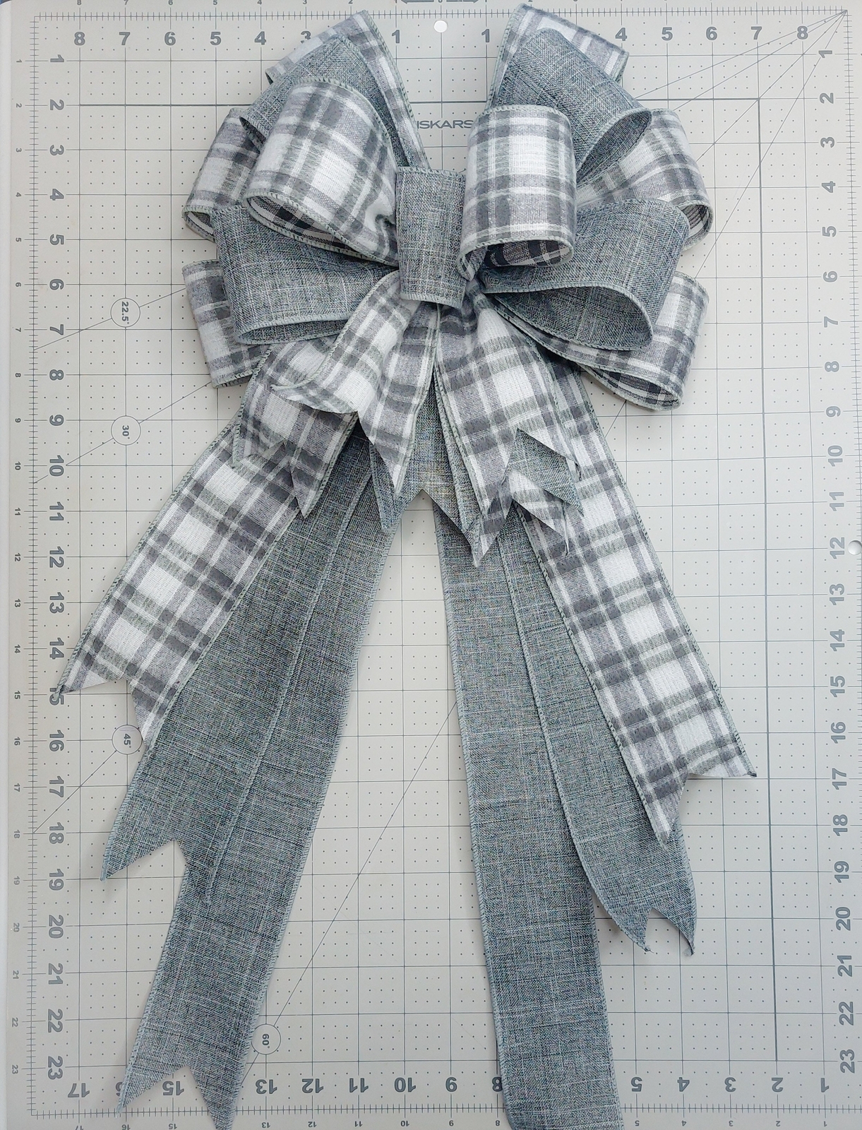 Gray Brushed Woven Plaid and Gray Linen Bow