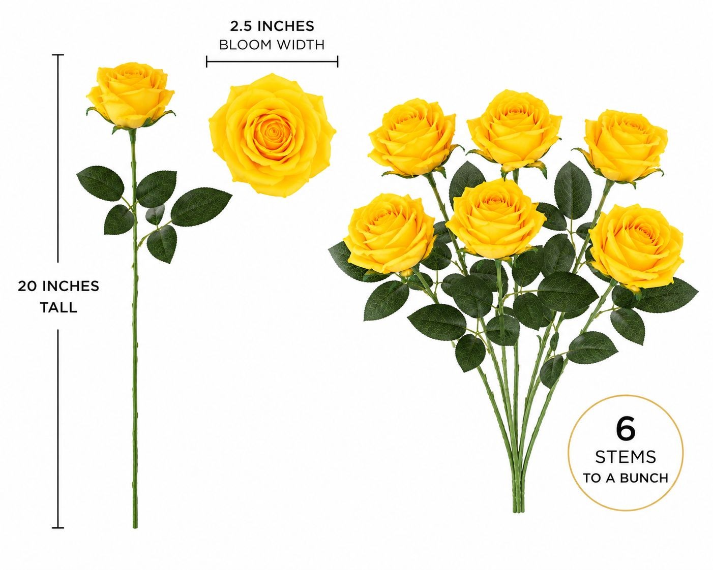 Set of 6 Artificial Yellow Rose Stems 20 Inch Faux Roses Farmhouse Decor Cottage