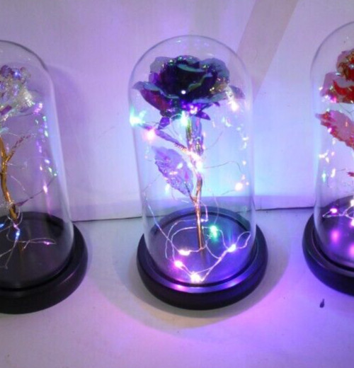 Blue Eternal Rose w LED Lights in Glass Dome Mothers Valentines Anniversary Gift