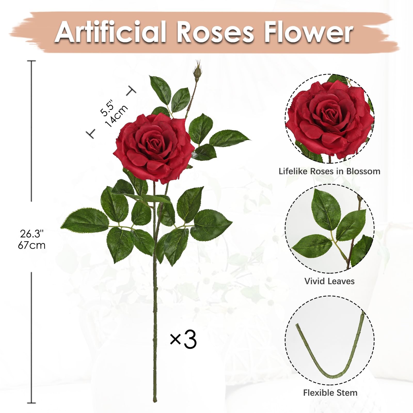 3Pcs Red Roses Artificial Flowers Bouquets 26.3″ Fake Flower Arrangements Sil…