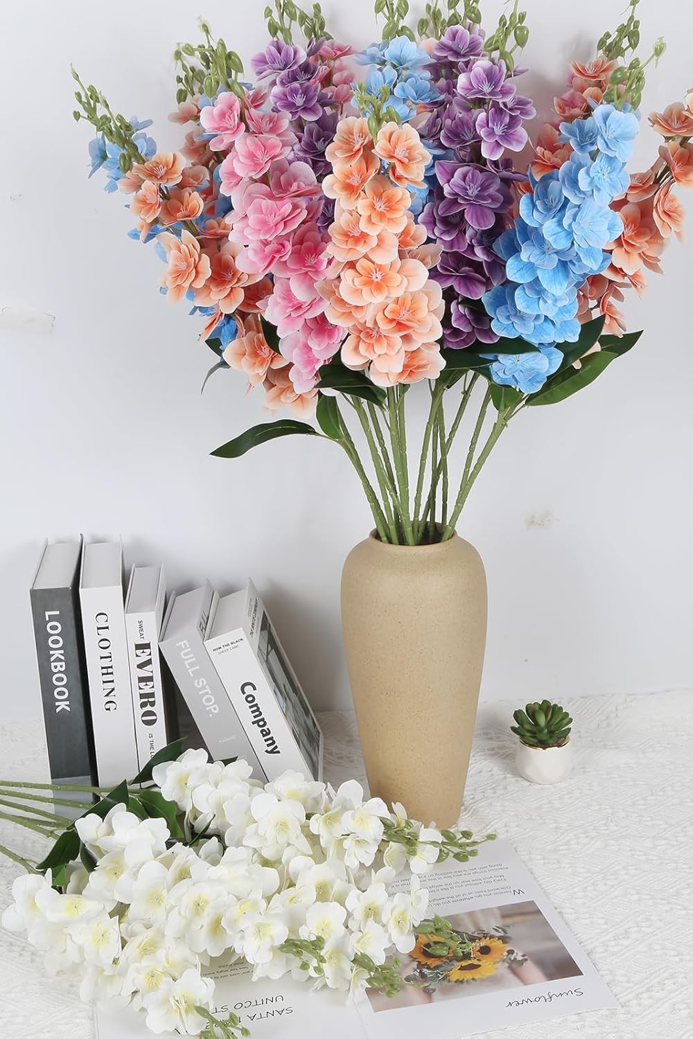 Artificial White Delphinium Larkspur Flowers 6PCS 33″ Long Artificial