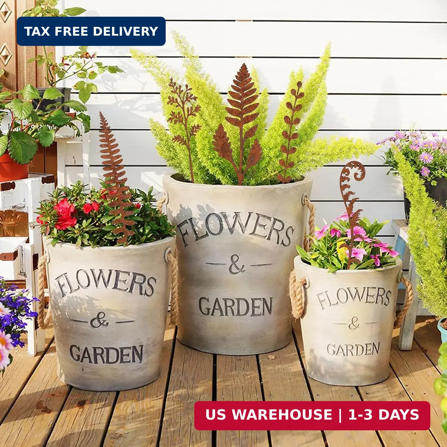 5 Pcs 14.2” Longer Rusty Metal Flowers and Plants, Rustic Metal Fern Leaf Garde