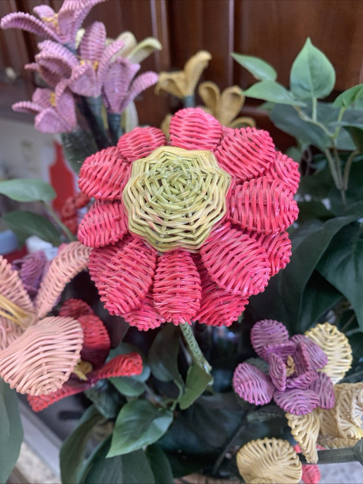 Handcrafted RARE Artificial Flowers Made of Wicker Rattan- Vintage READ