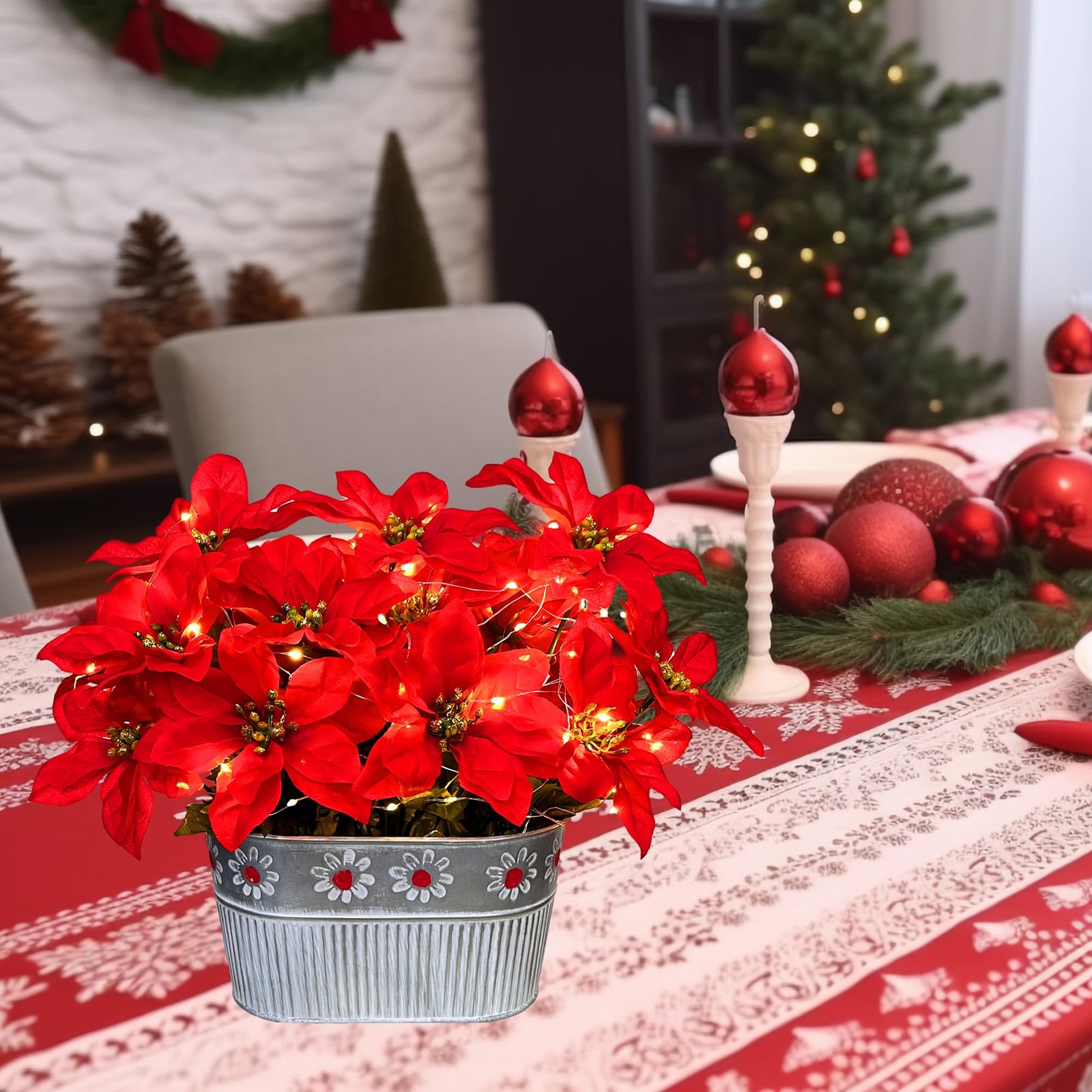 Best Christmas Poinsettia Table Centerpiece – Rustic Metal Pot with LED Lights
