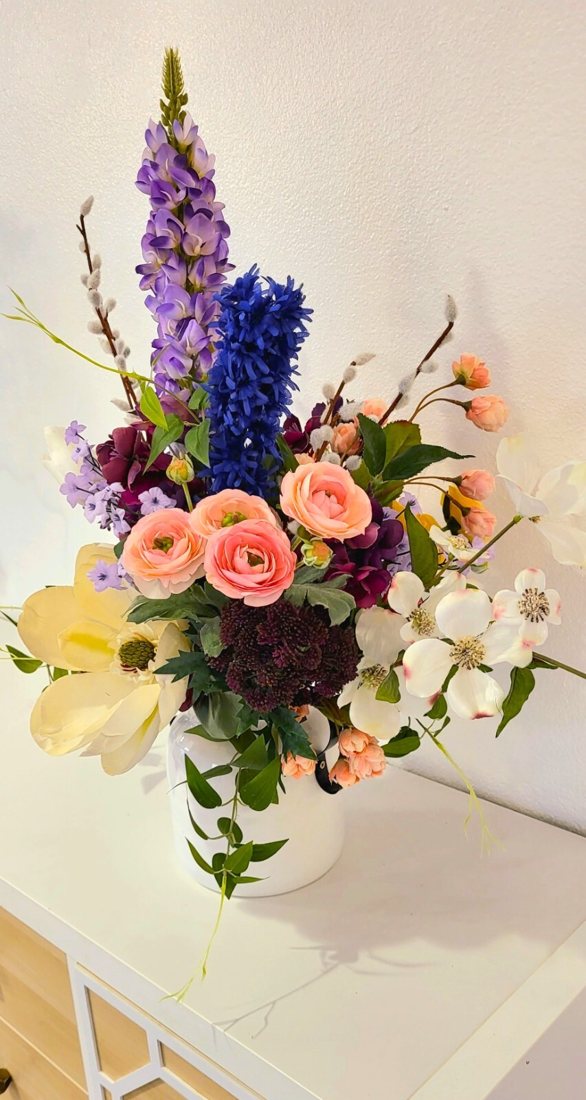 “Wildflower Meadow” Colorful Faux Floral Arrangement w/ Large Southern Magnolia
