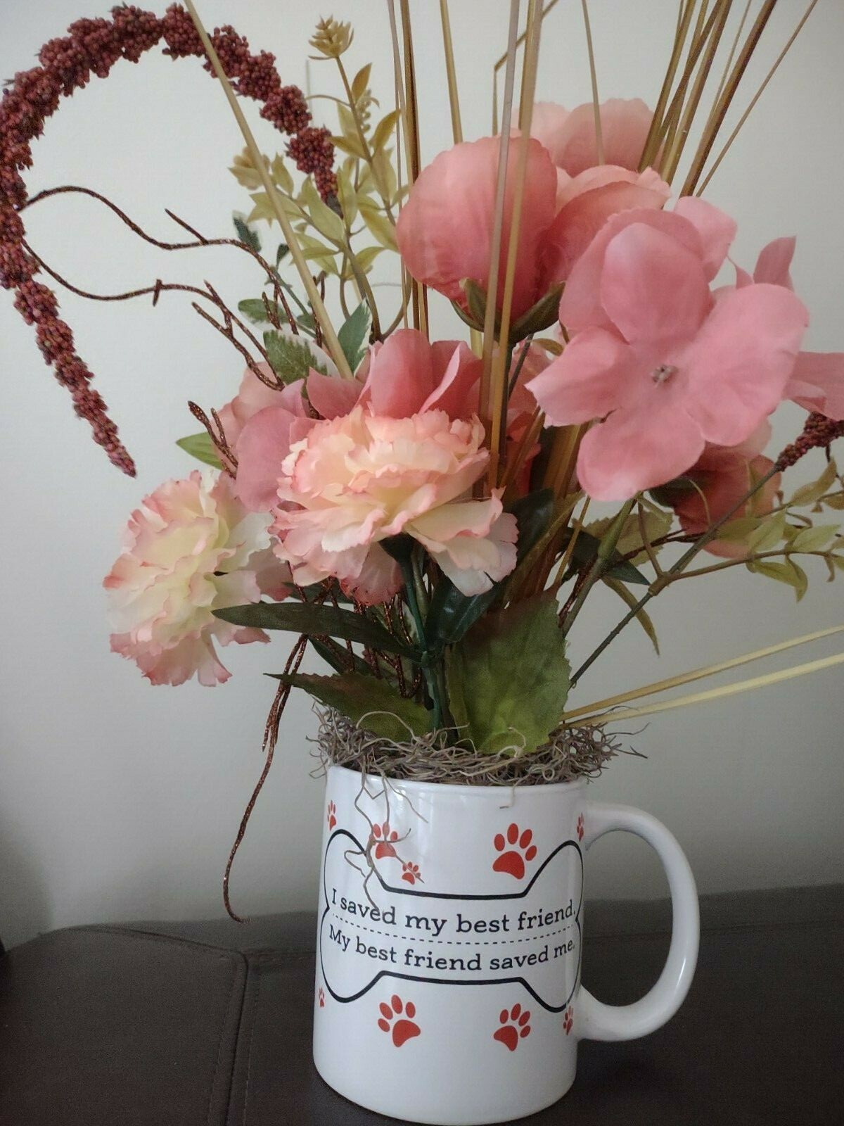 DOG Lovers Mug with silk flower arrangement. Pink Roses and Carnations
