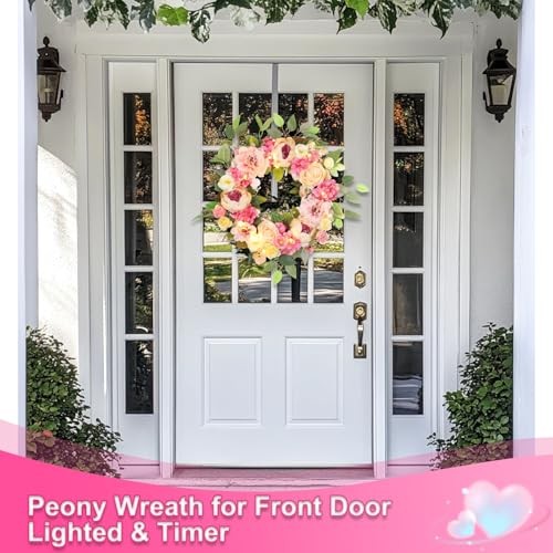 [Lighted & Timer] 22″ Spring Summer Wreaths for Front Door Peony Wreath with