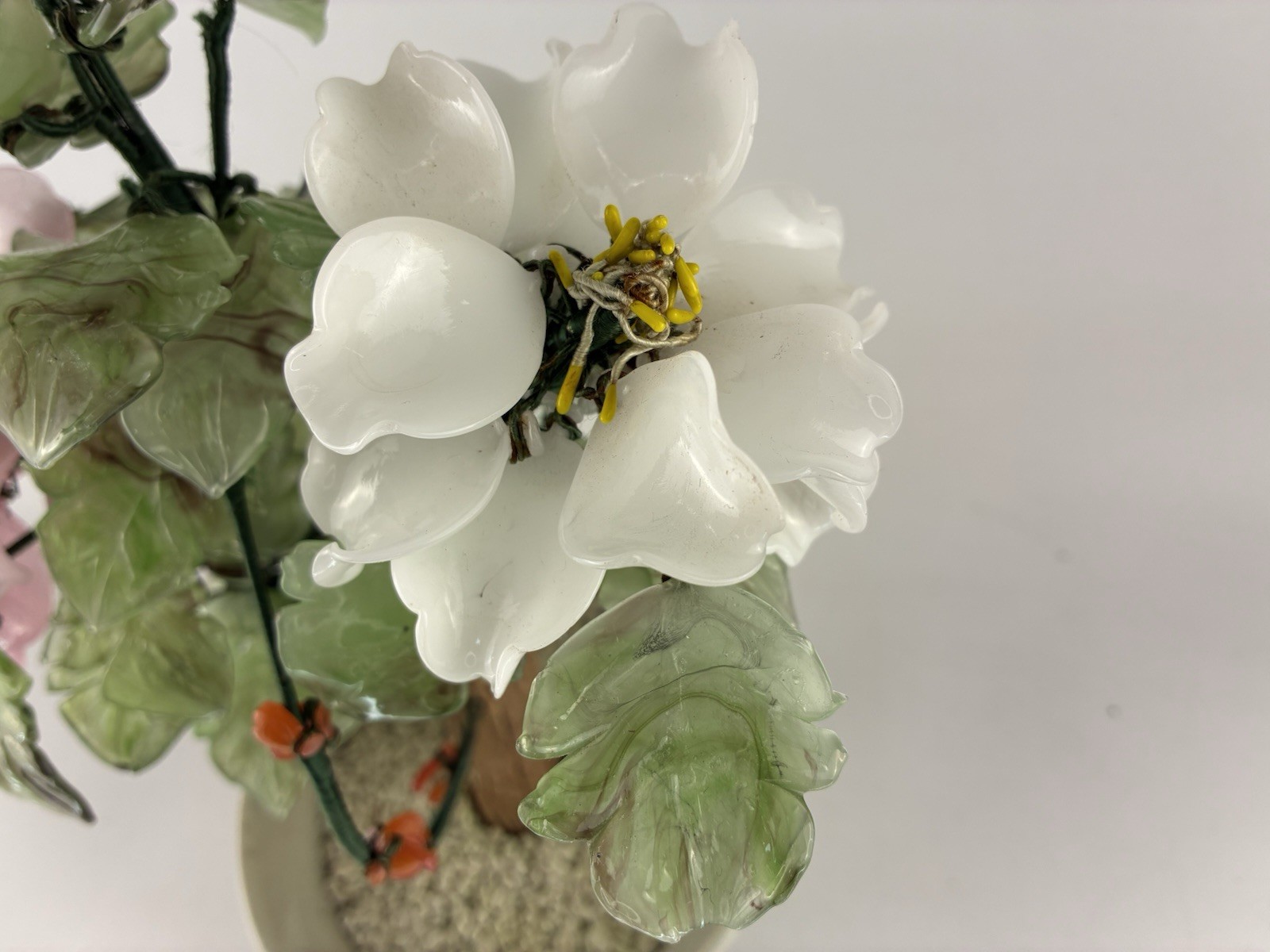 Mid-20th Century Glass Bonsai Flowering Tree ~ Pink & White Flowers 12″