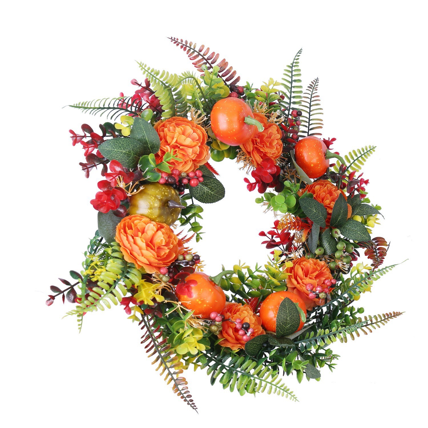 17″Autumn Wreath & Pumpkin Mixed Leaves Berries Flowers Fall Home Party Flowers