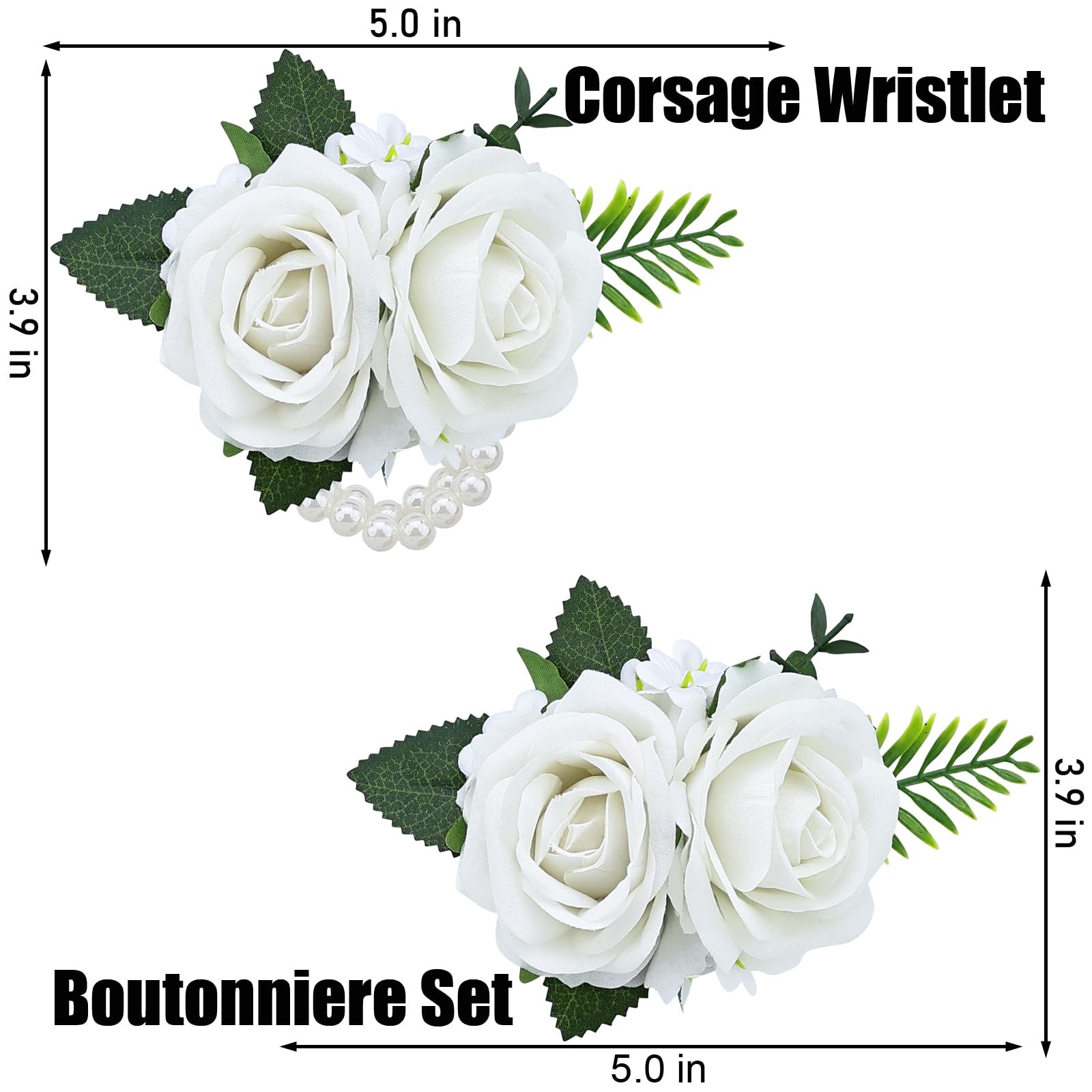 2Pcs White Artificial Rose Wrist Corsage Wristlet Band and Boutonniere Set, f…