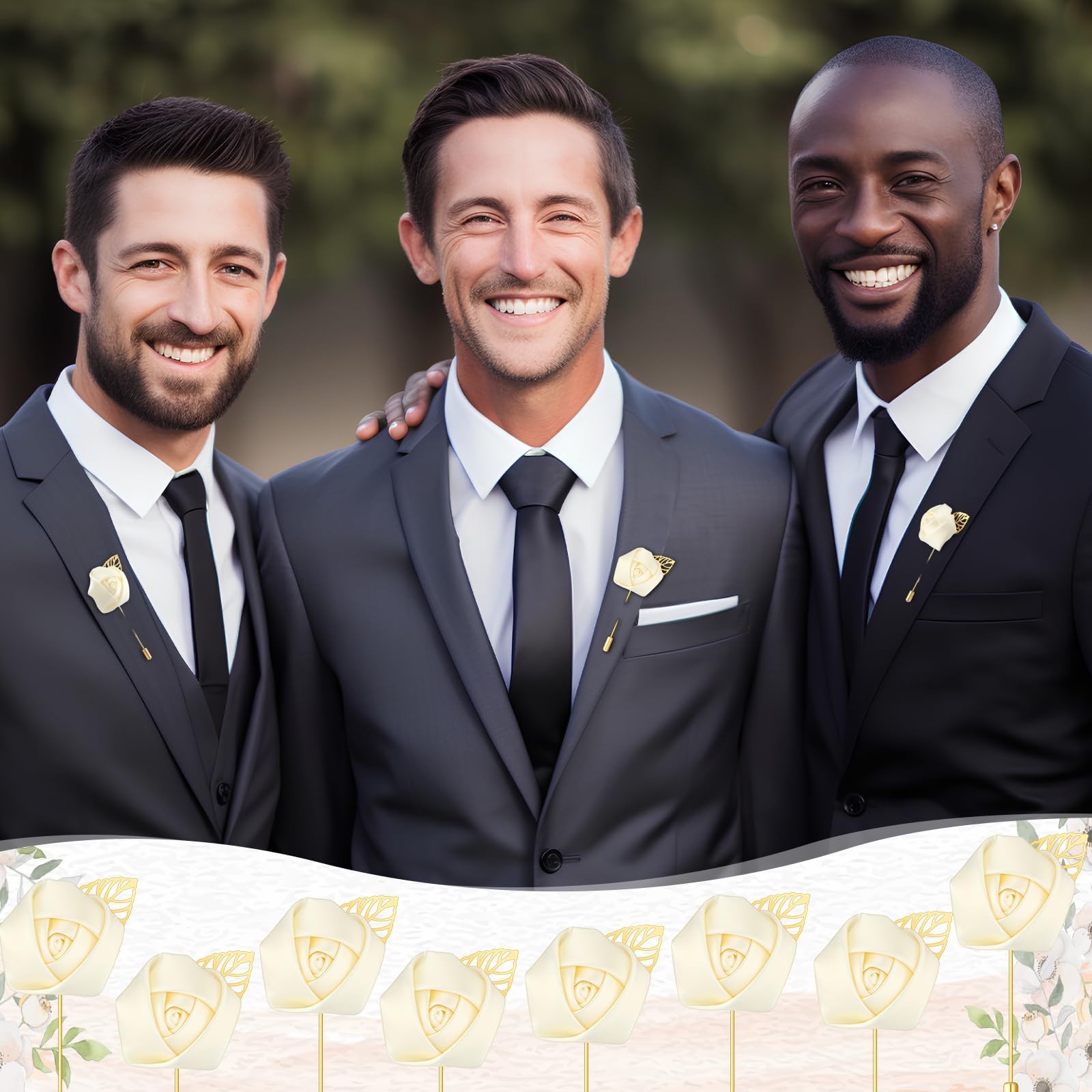 24 PCS Cream Rose Boutonniere Wedding Buttonholes Pocket For Men Prom Pin