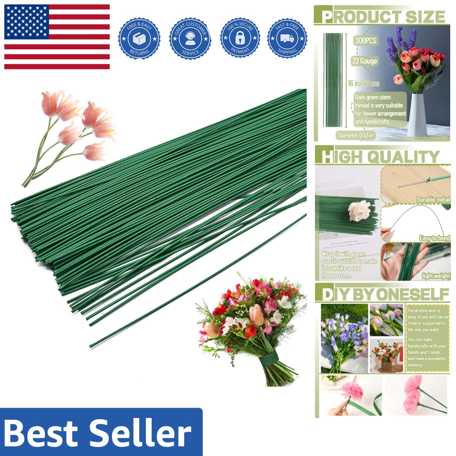 200 PCS Dark Green 22 Gauge Floral Stem Wire – Perfect for Flower Arrangements