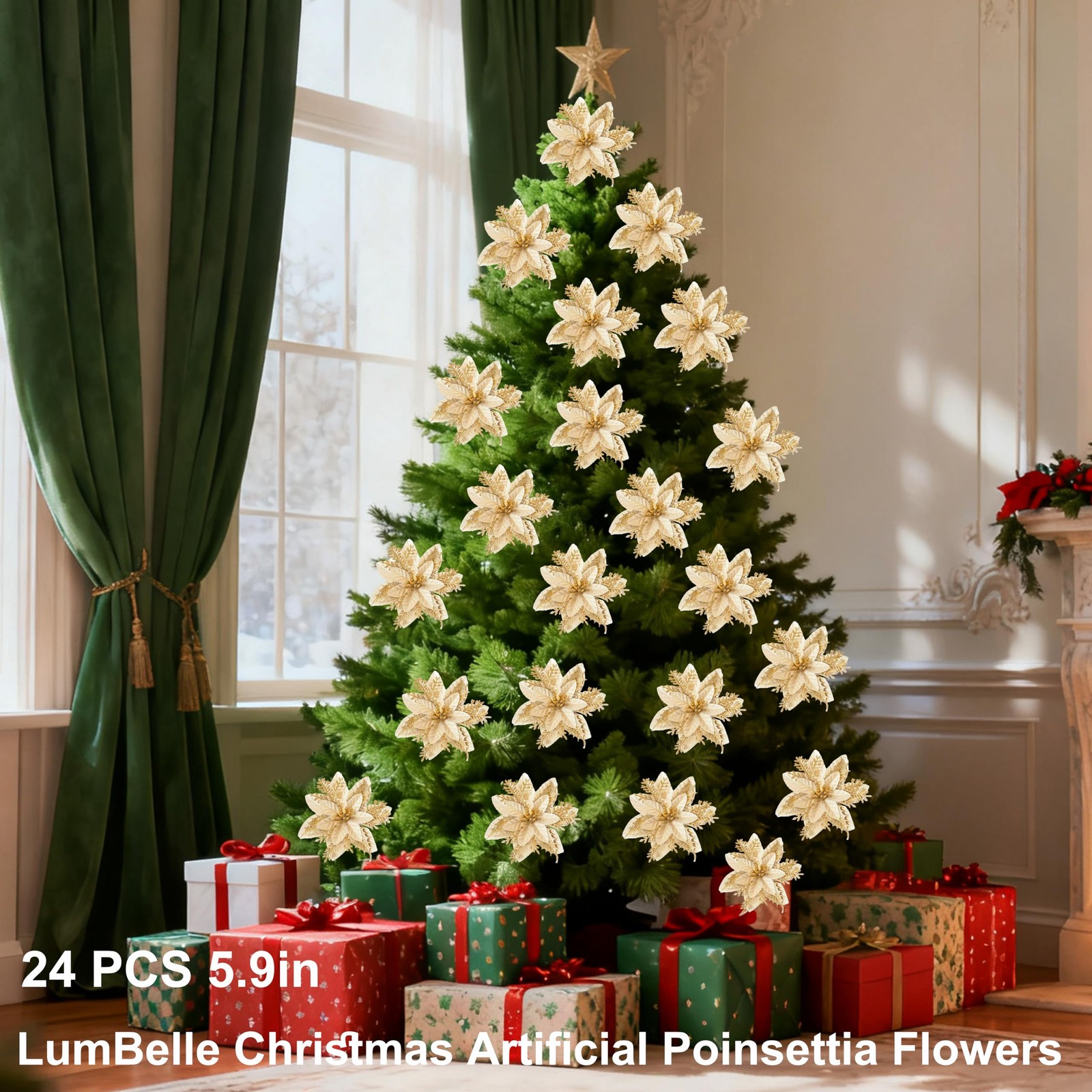 24 PCS Gold 5.9 Inch Christmas Artificial Poinsettia Glitter Flowers Decor