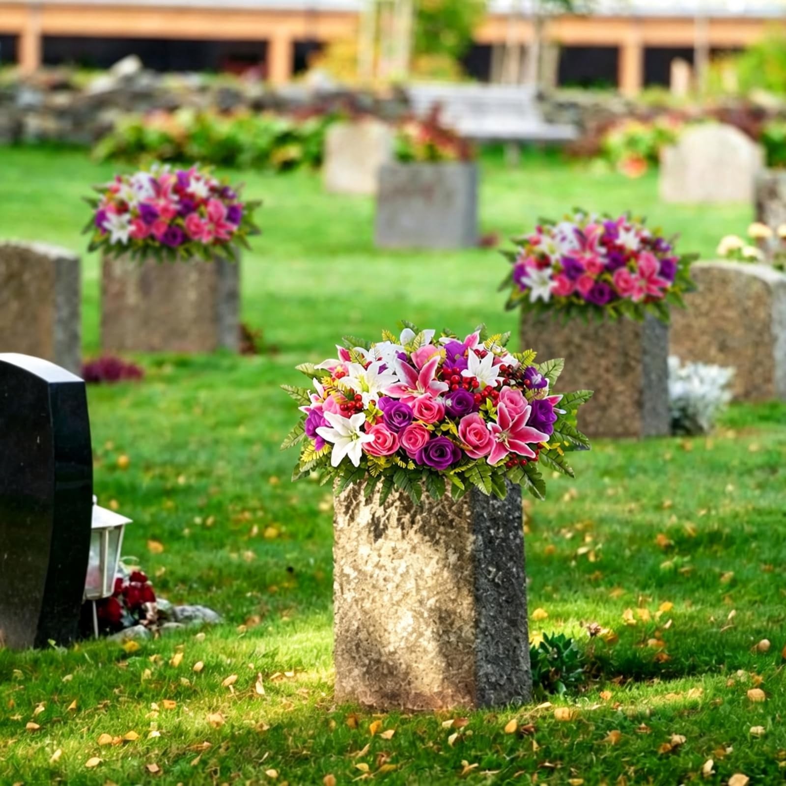 Grave Flowers for Cemetery Headstone Flower Saddle Pink Purple Rose Lily