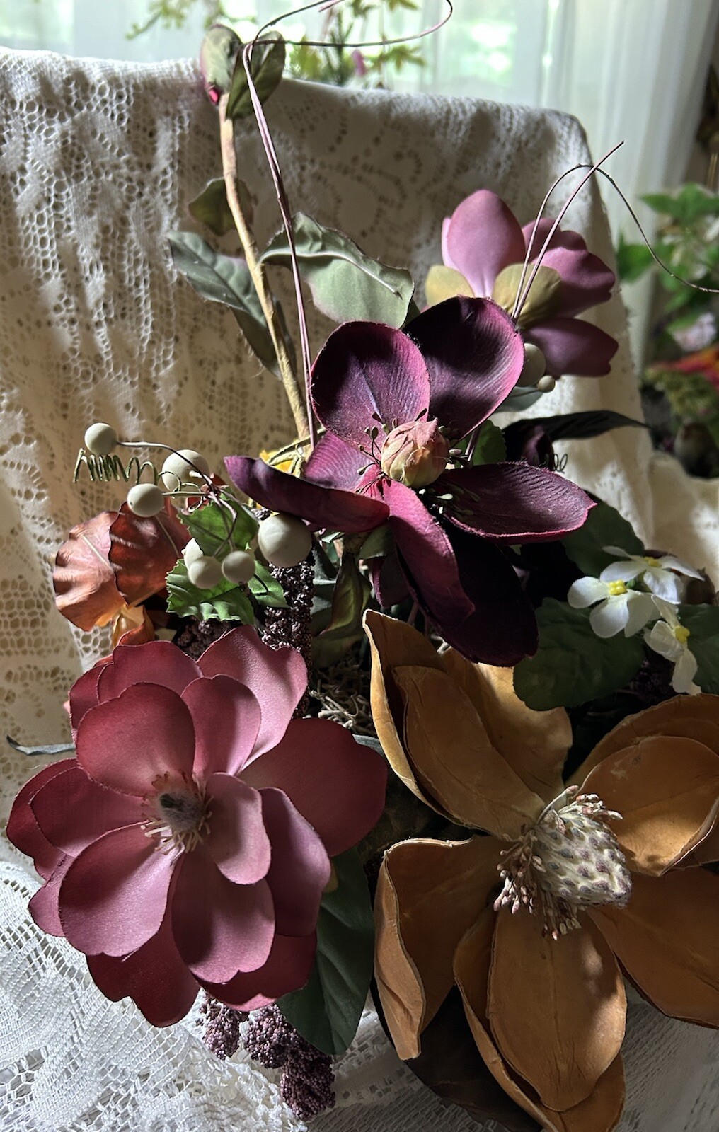 Exotic Artificial Floral Arrangement In A Porcelain Dish Made In Portugal