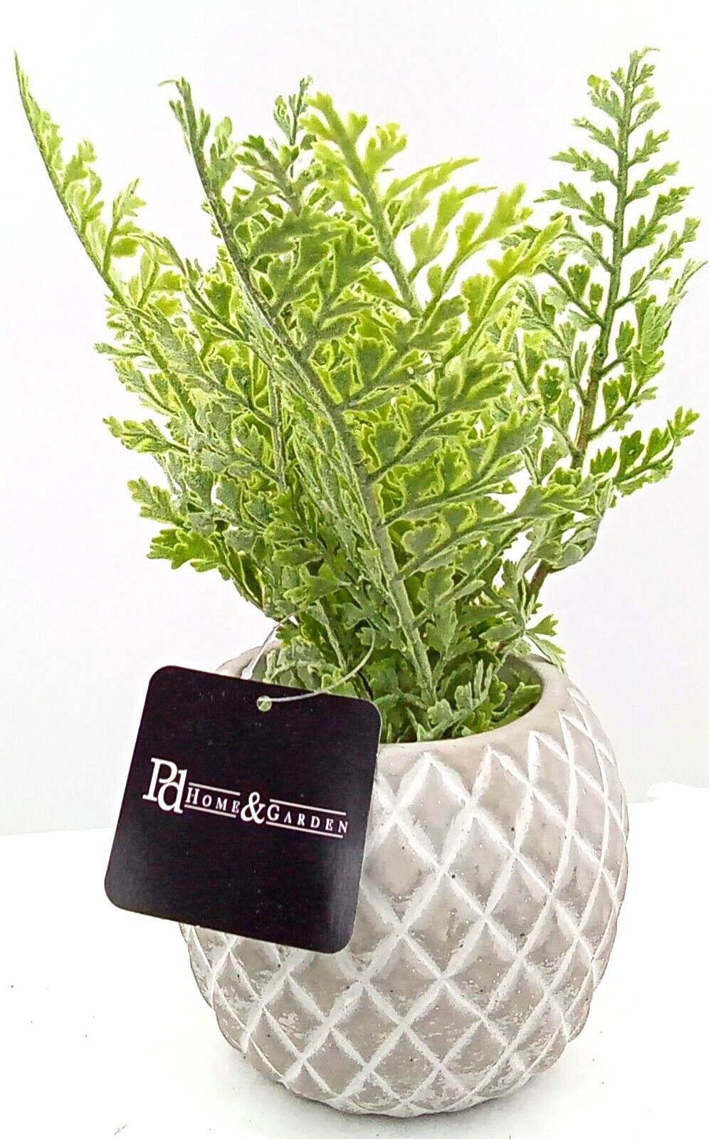 Fern Ceramic Pot Planter Diamond Pattern White Gray Tan Artificial Floral 10″