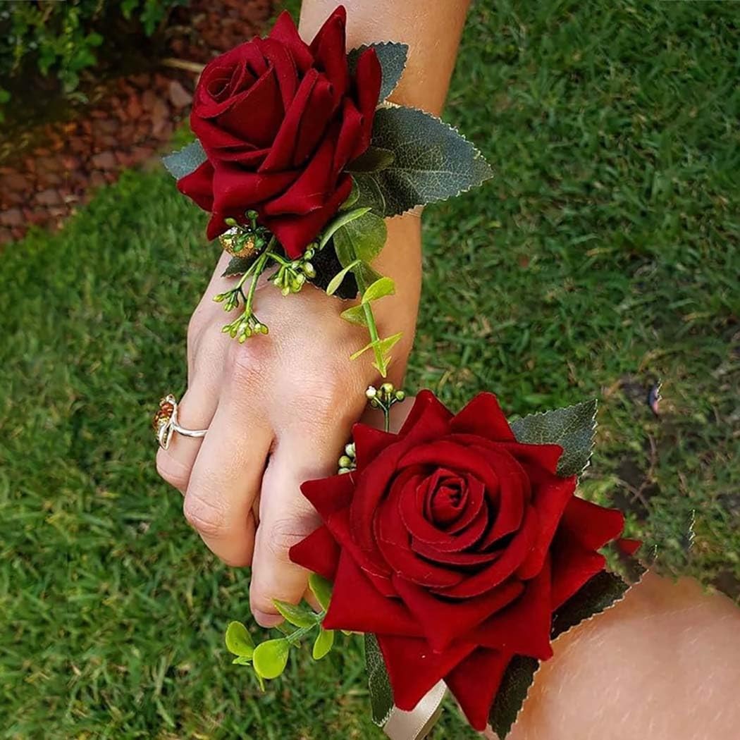 Red Rose Wrist Corsage Gold-Accented Artificial Flowers with Satin Ribbon Wed…