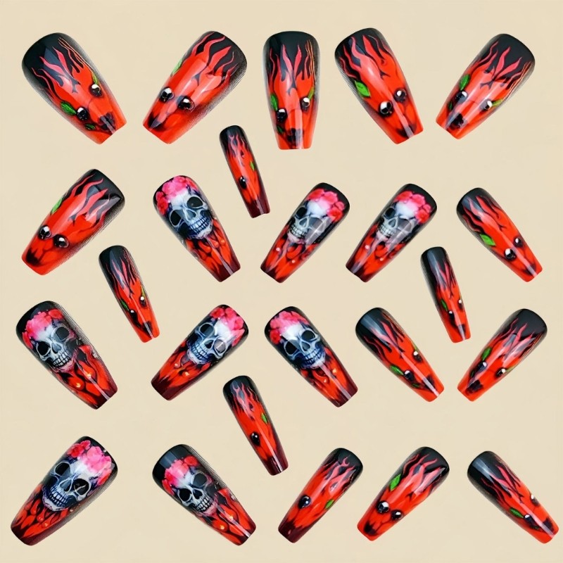 Halloween Red Skull Floral Fake Nail Festive Fake Nail Red Rose Pattern