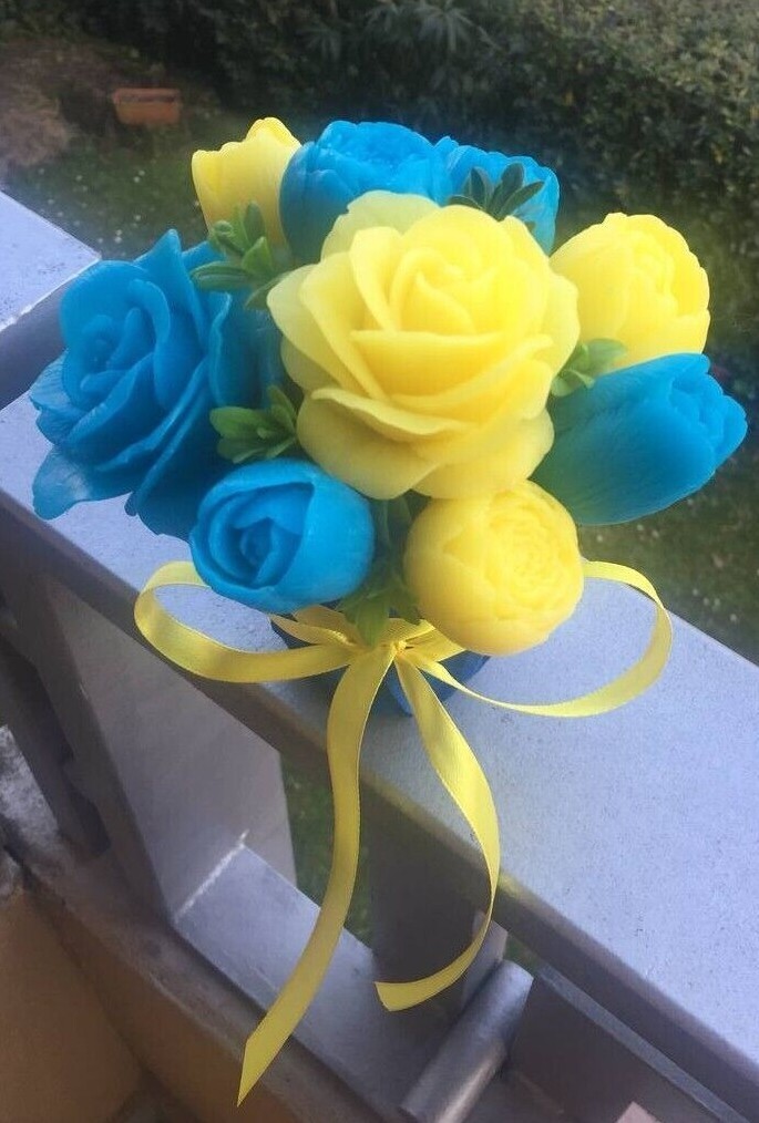 Handmade soap bouquet for decoration or present in colors of Ukraine gift