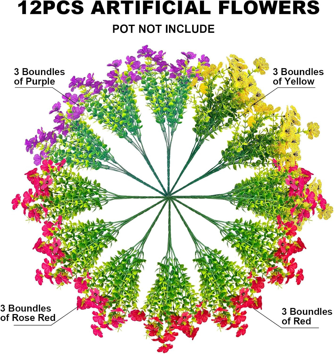 12 Bundles Artificial Flowers for Outdoor Indoor UV Resistant Fake Plants Silk F